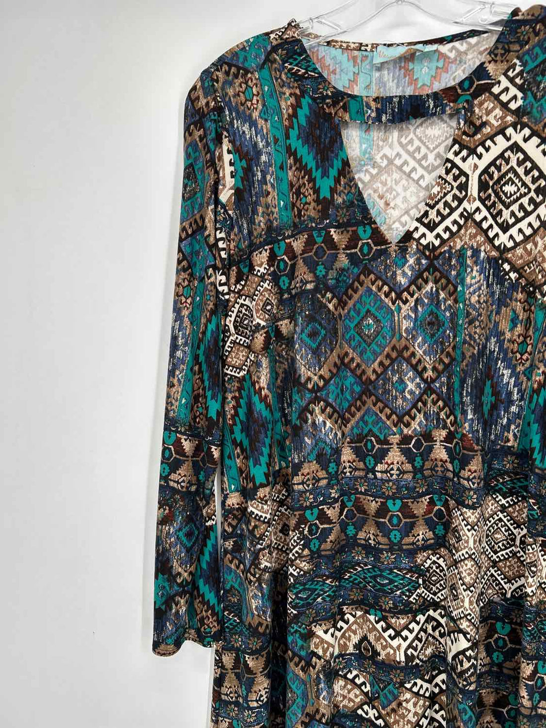 Veronica M Size L Teal & Blue Print Long Sleeve Dress