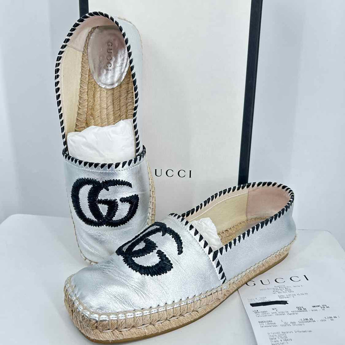 Gucci GG Rafia Espadrille Flat Women Size 38 Silver Pre Owned Leather LUXURY