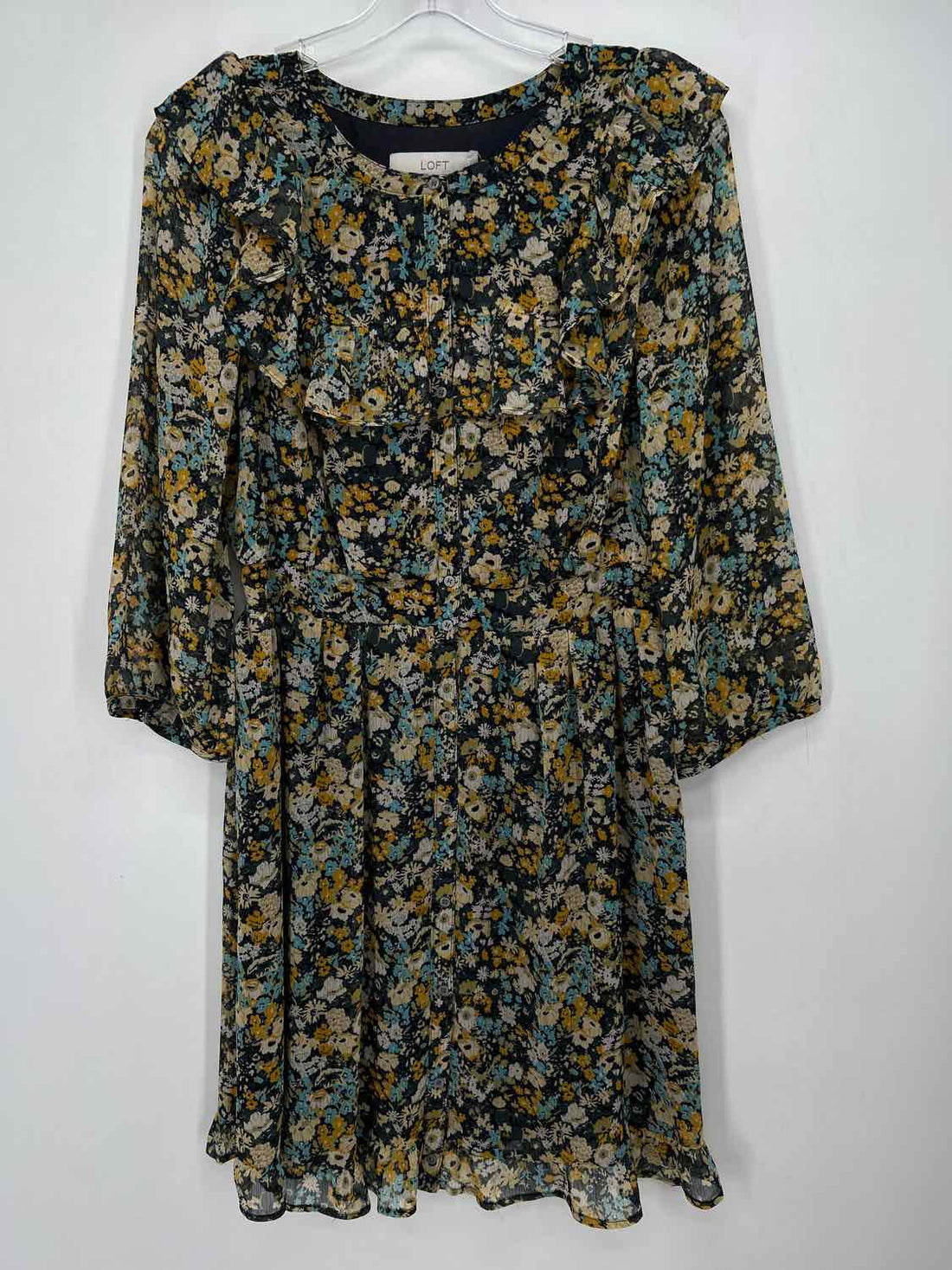 Loft Size L Navy & Yellow Floral Long Sleeve Dress