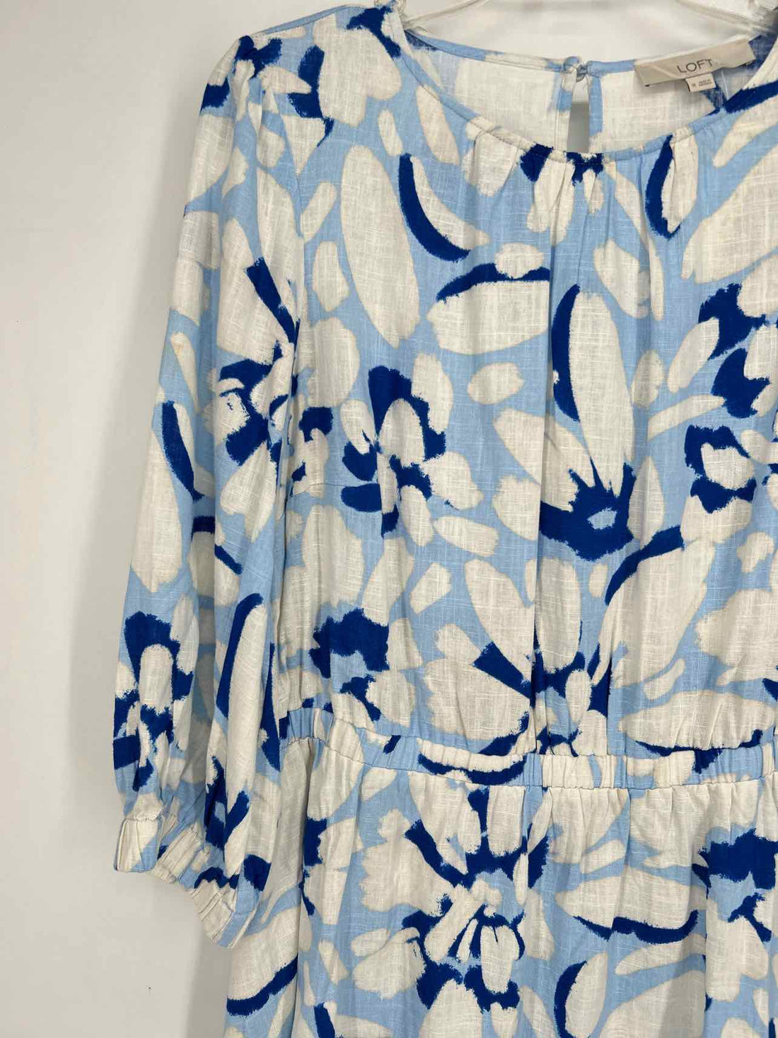 Loft Size M Light Blue & White Print Linen/Rayon Dress