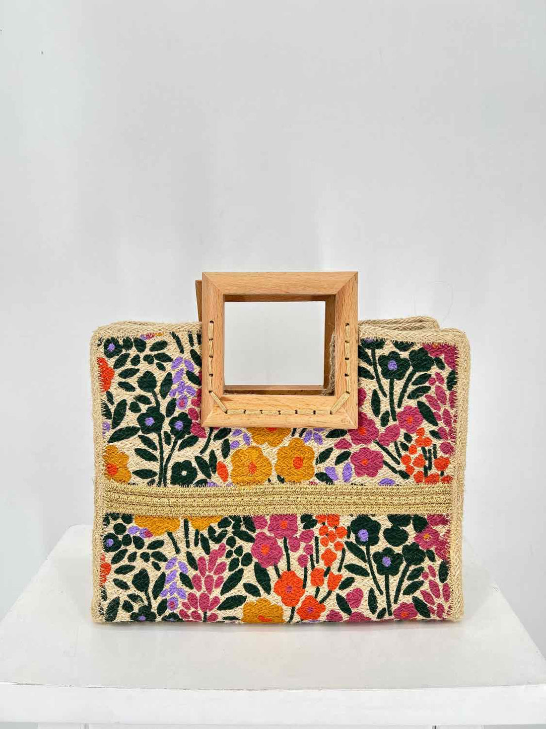 Antik Kraft Cream Floral Jute Blend Pre Owned Purse