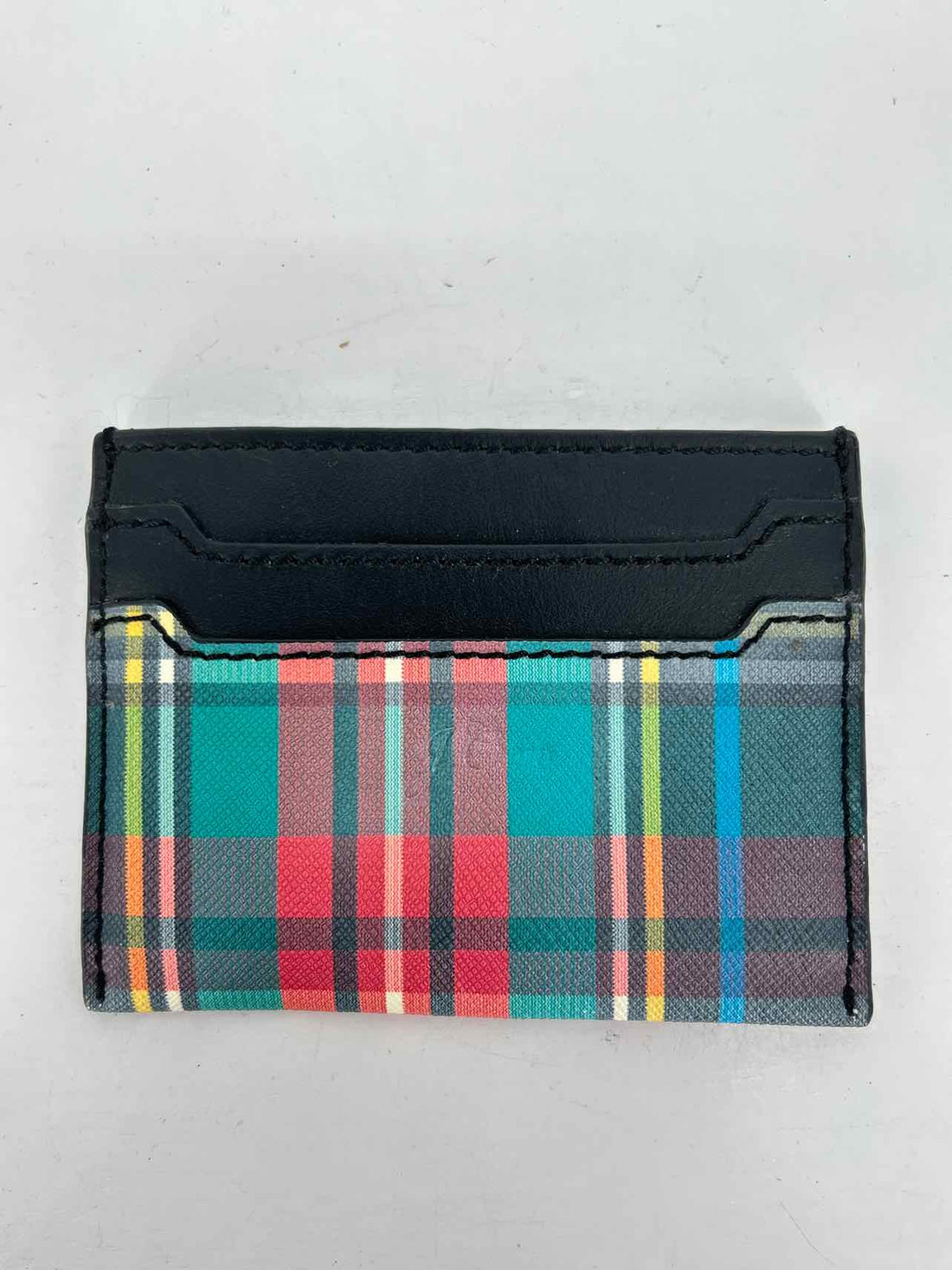 J Crew Black Plaid Leather Pre Owned Card Holder