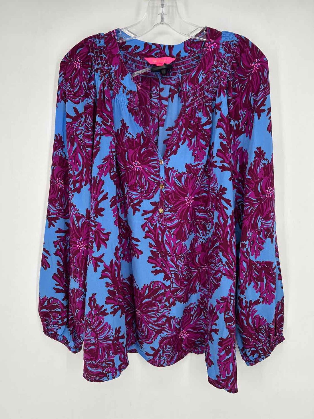 Lilly Pulitzer XXL Blue & Maroon Print Silk Long Sleeve Lilly Pulitzer Top