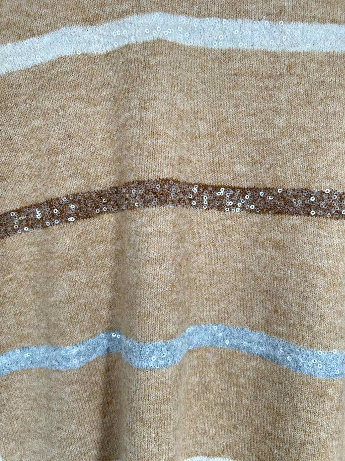CeCe Size M Tan Striped Sequined Sweater