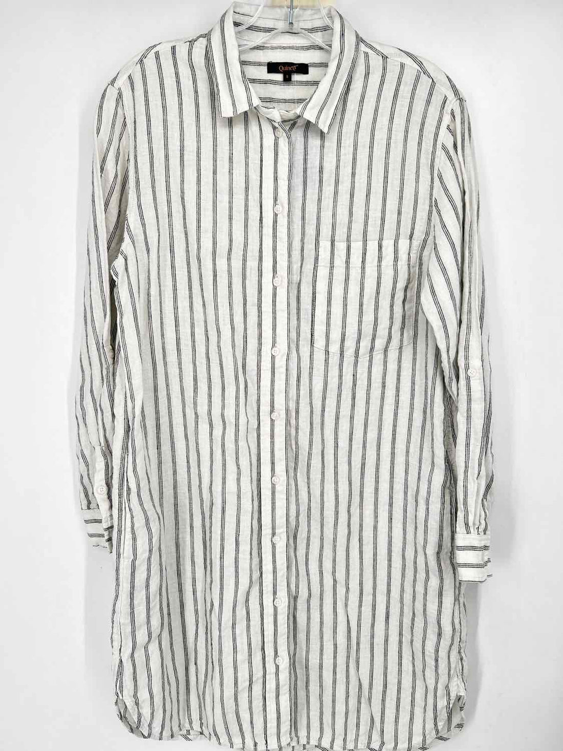 Quince Size S White Striped Linen 100% Long Sleeve Dress