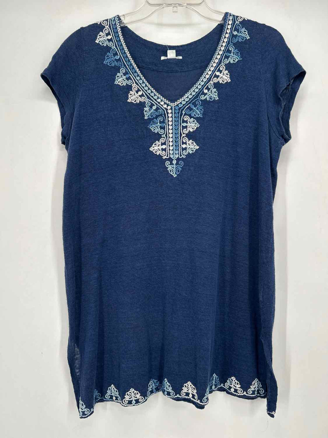 J Jill Love Linen Size SP Navy Embroidered Linen 100% Short Sleeve