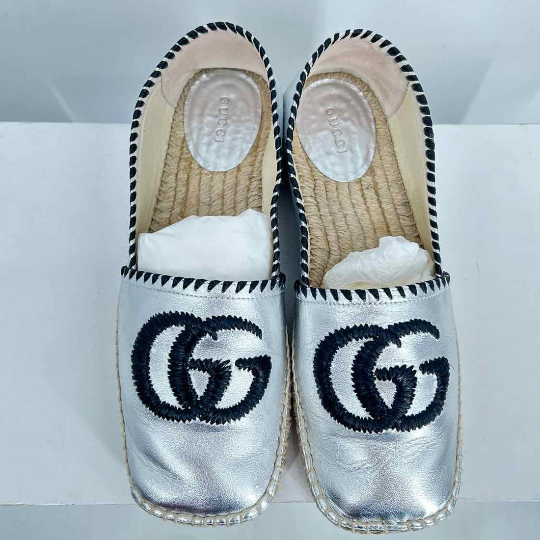 Gucci GG Rafia Espadrille Flat Women Size 38 Silver Pre Owned Leather LUXURY