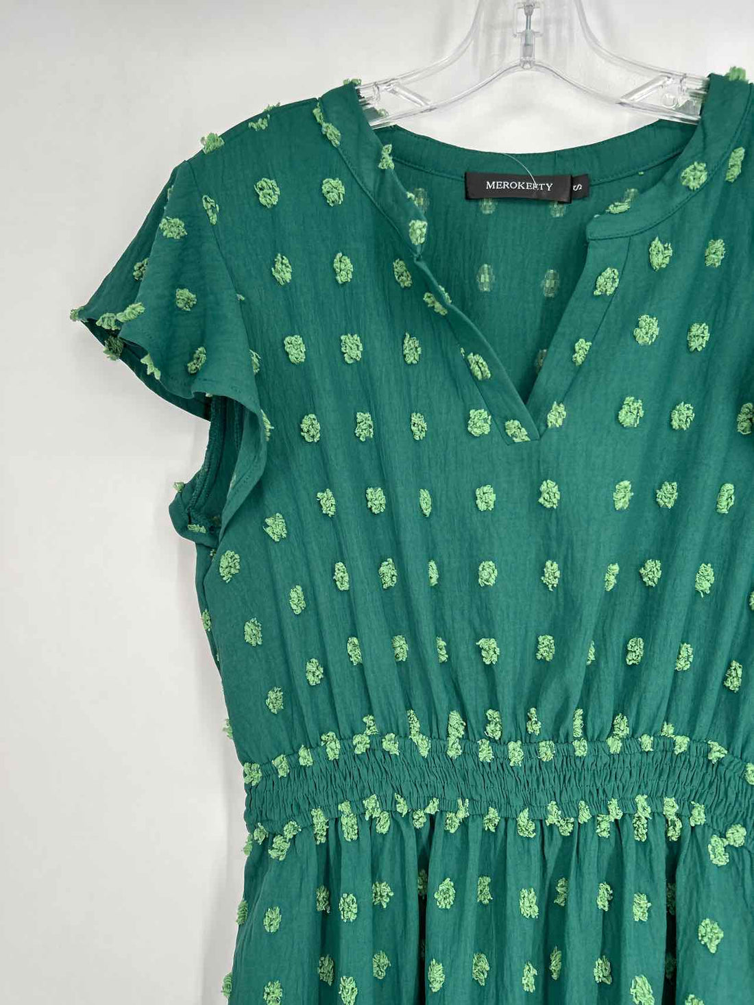 Merokeety Size S Green Swiss Dot Short Sleeve Dress