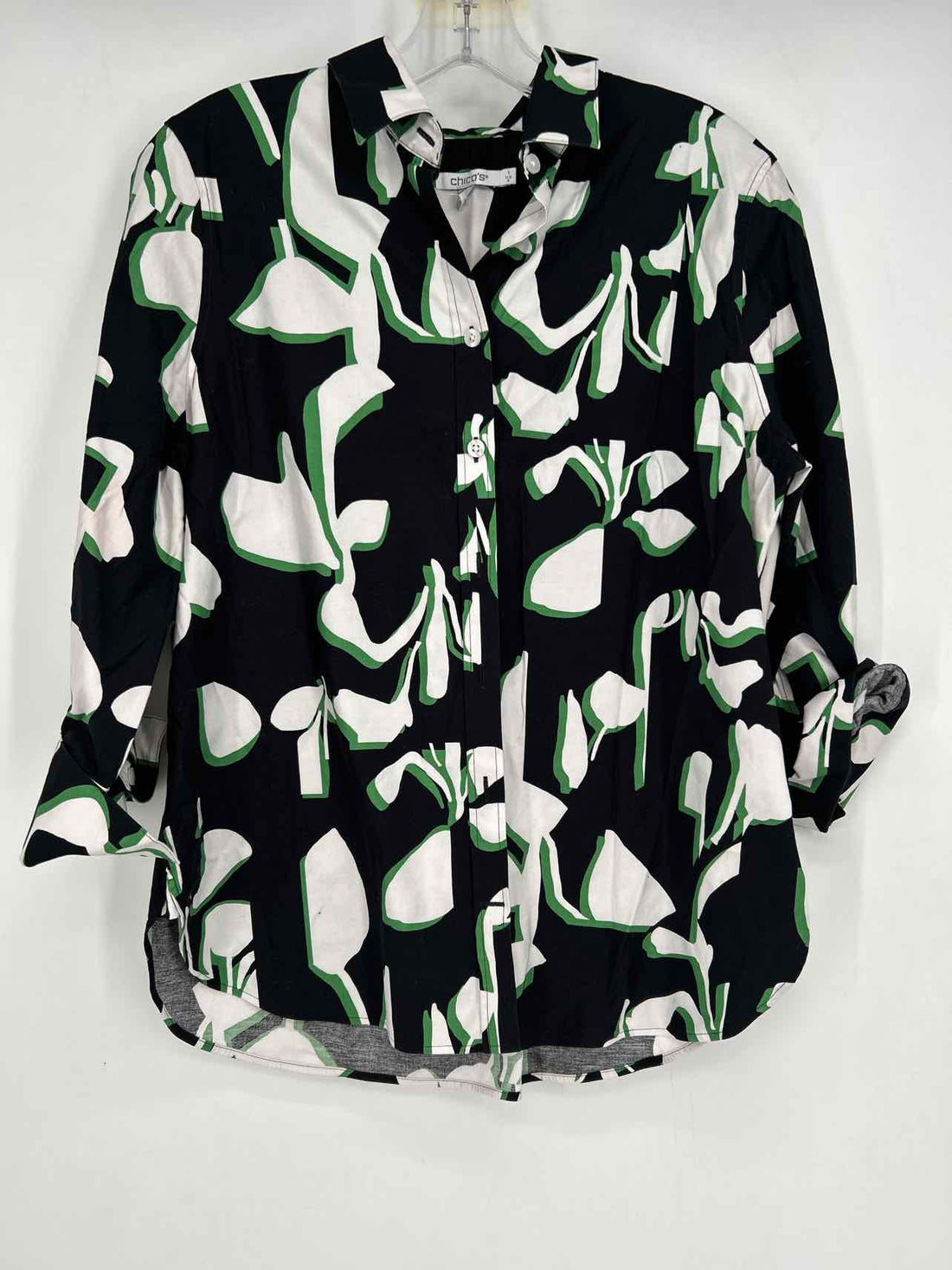 Chicos Size 1 (8) Black White & Green Print Long Sleeve