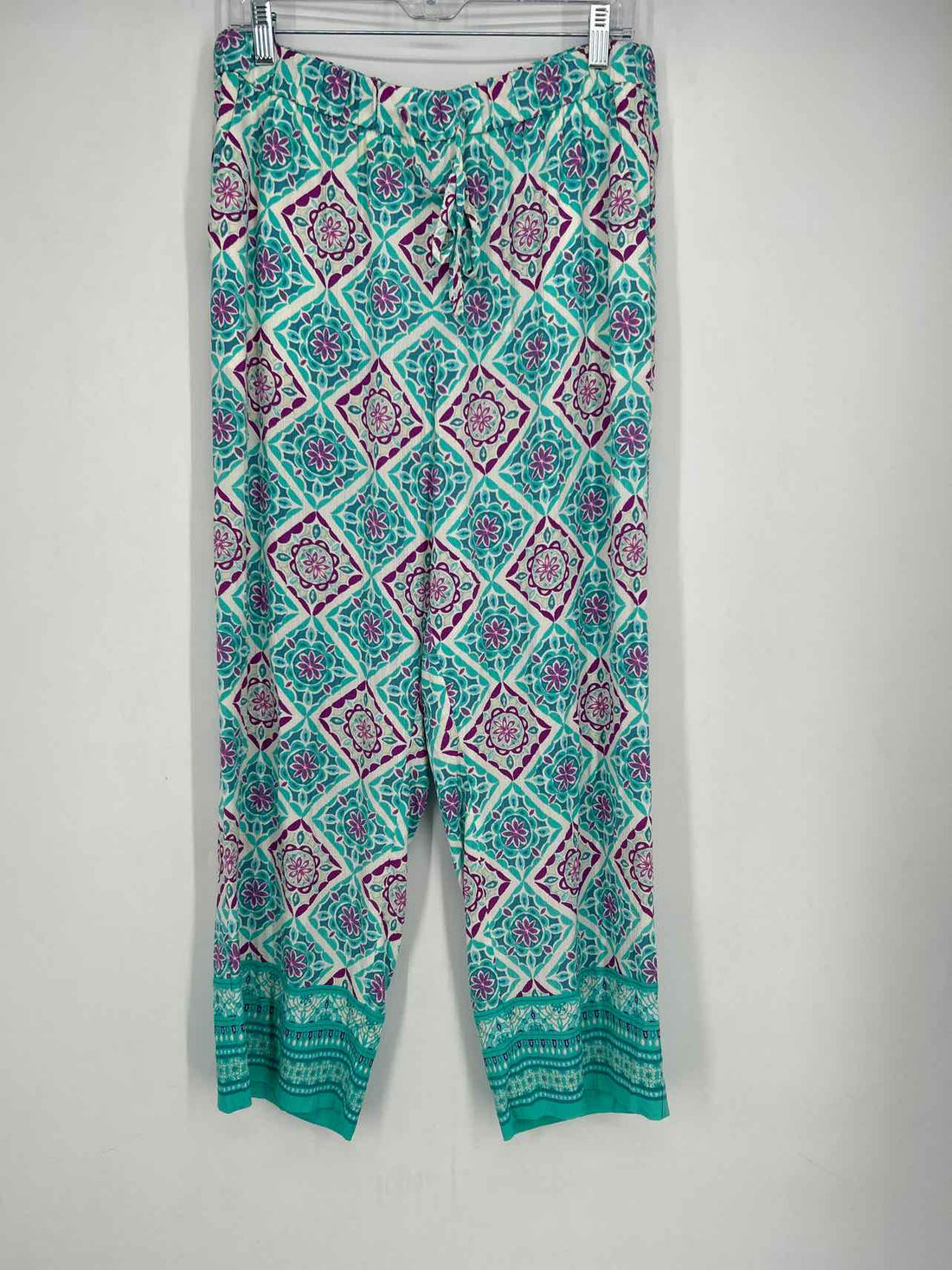 Talbots Size L White & Turquoise Print Pants