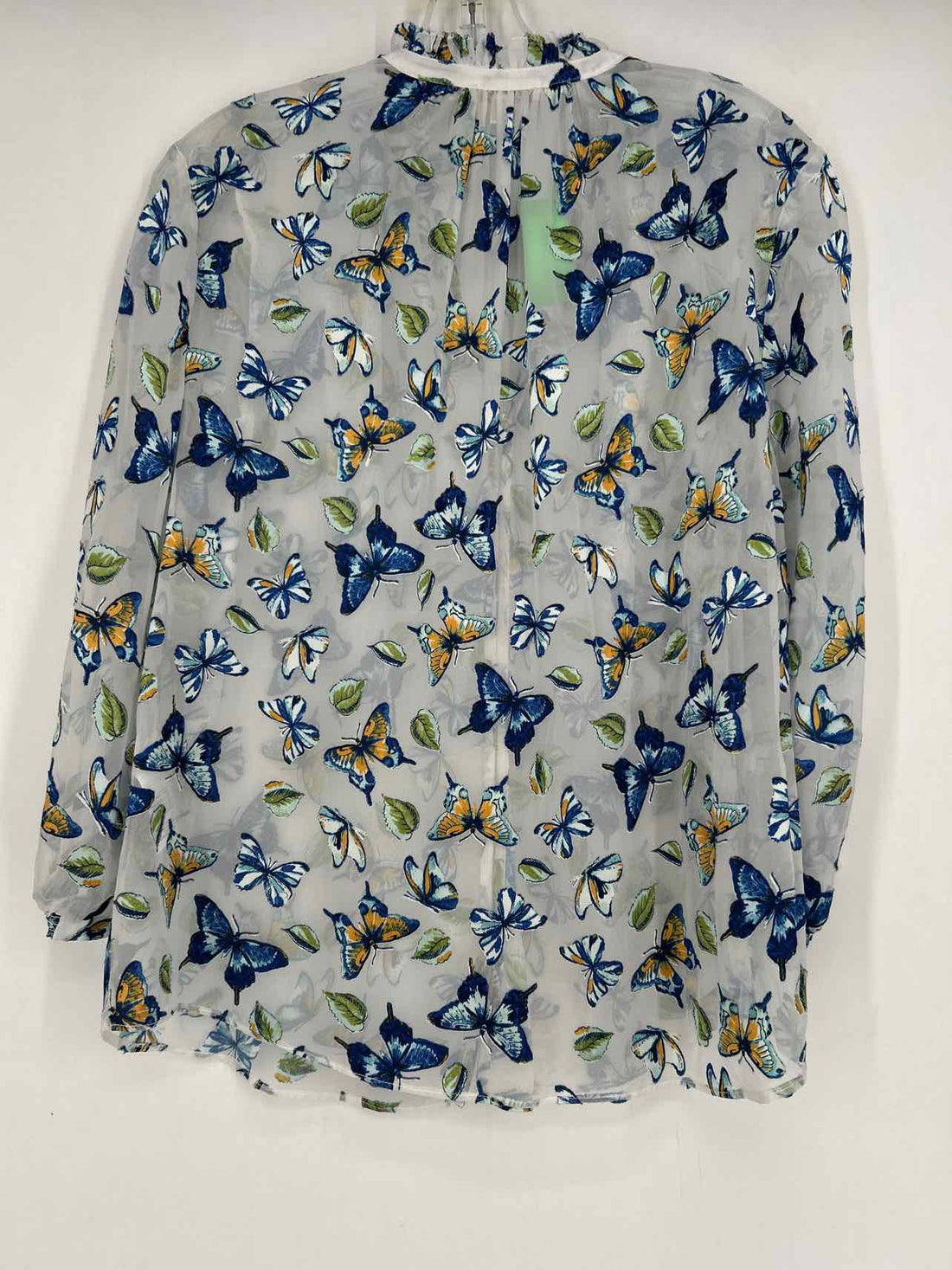 Chicos Size 1 (8) White & Blue Print Sheer Long Sleeve