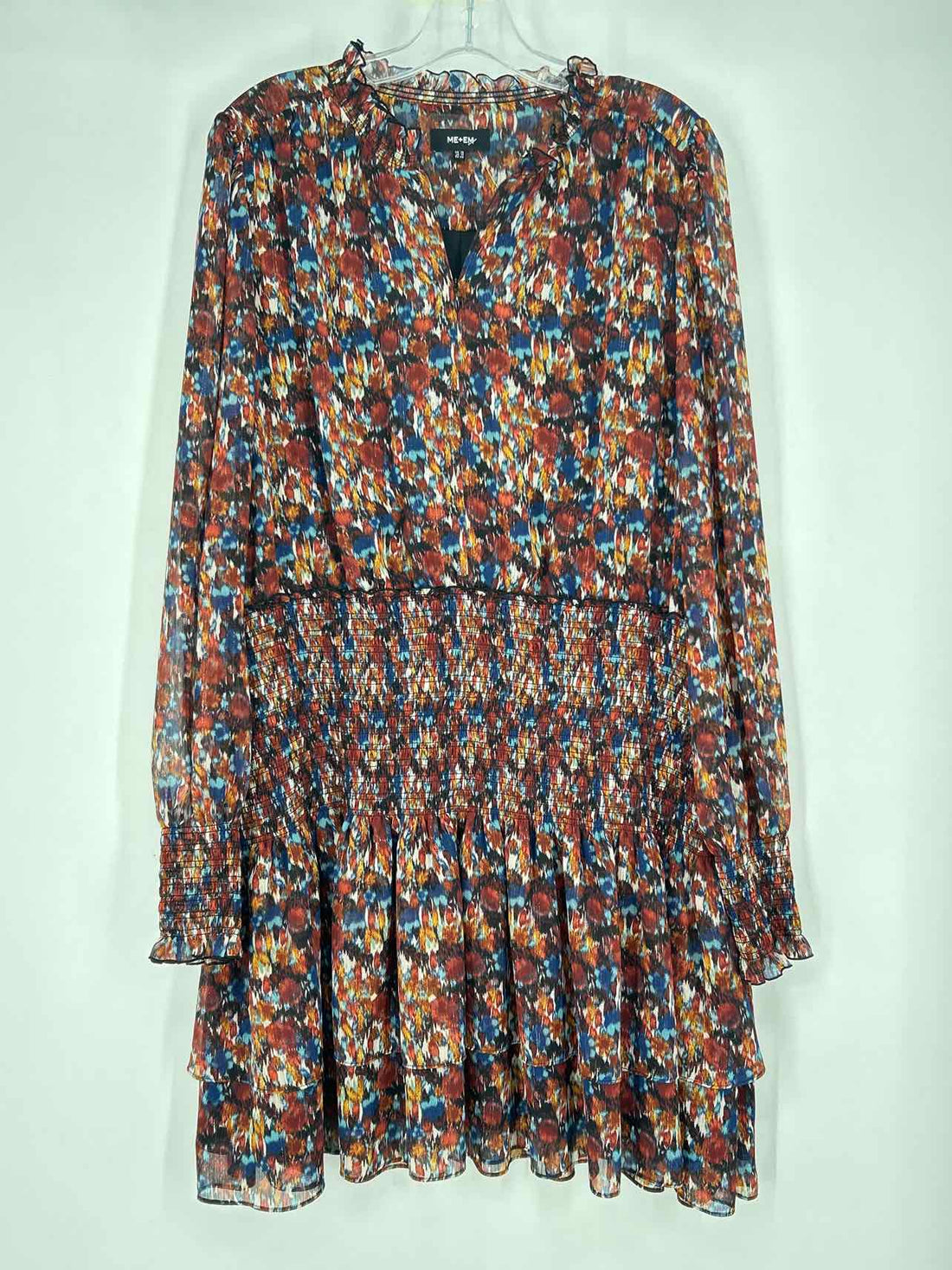 ME+EM Size 12 Blue & Maroon Print Shimmer Long Sleeve Dress