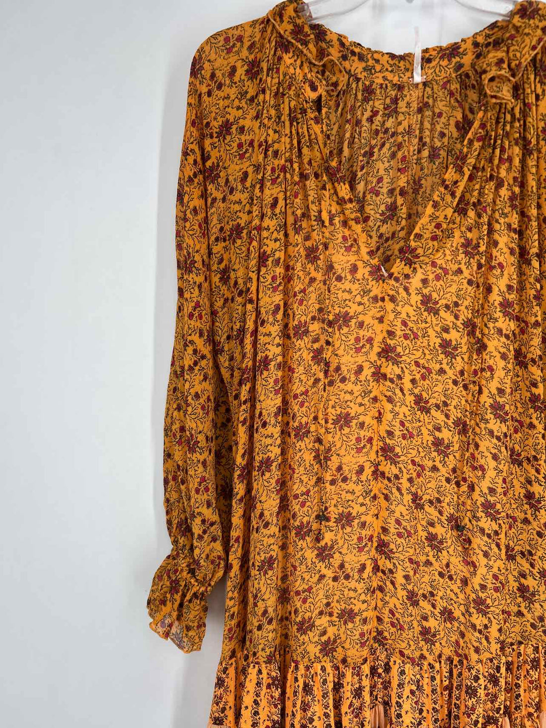 Free People Size XS Orange & Pink Floral Long Sleeve Dress