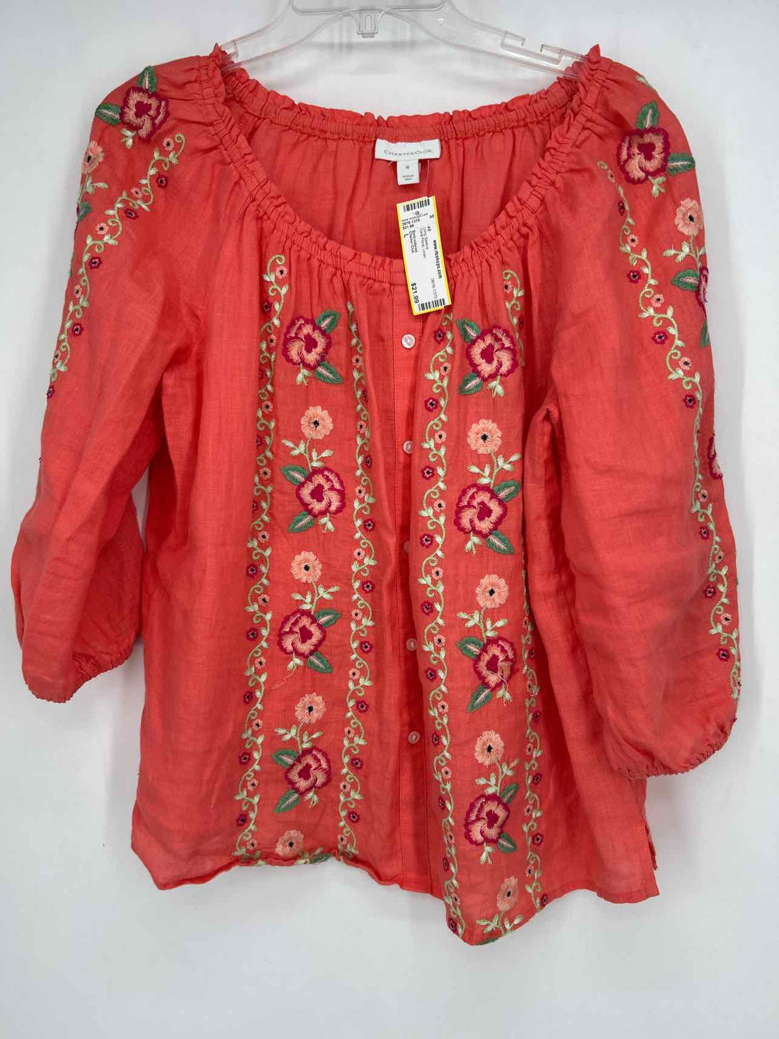Charter Club Size L Coral Floral Linen Long Sleeve