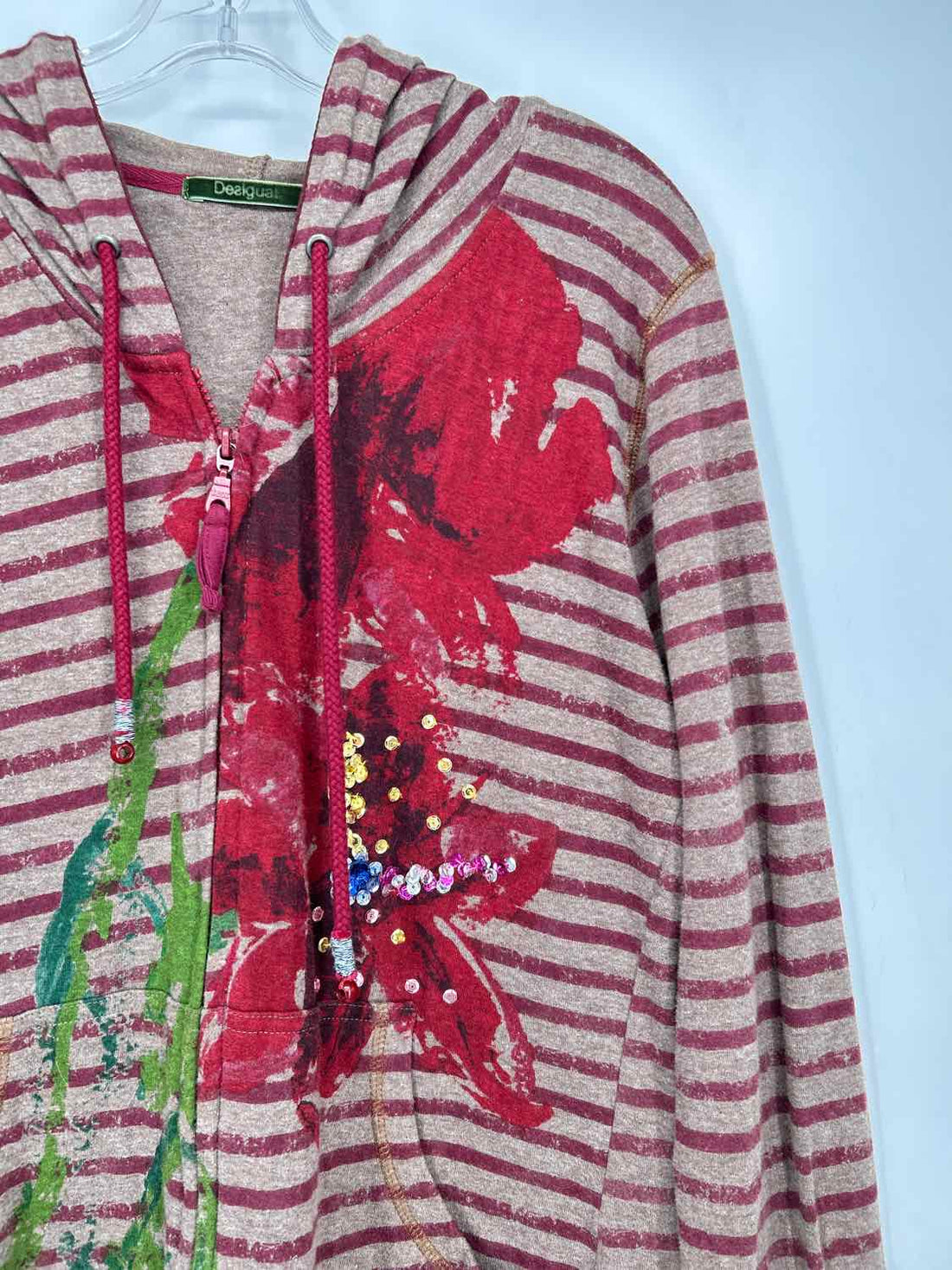 Desigual Size XL Taupe & Maroon Striped Hoodie