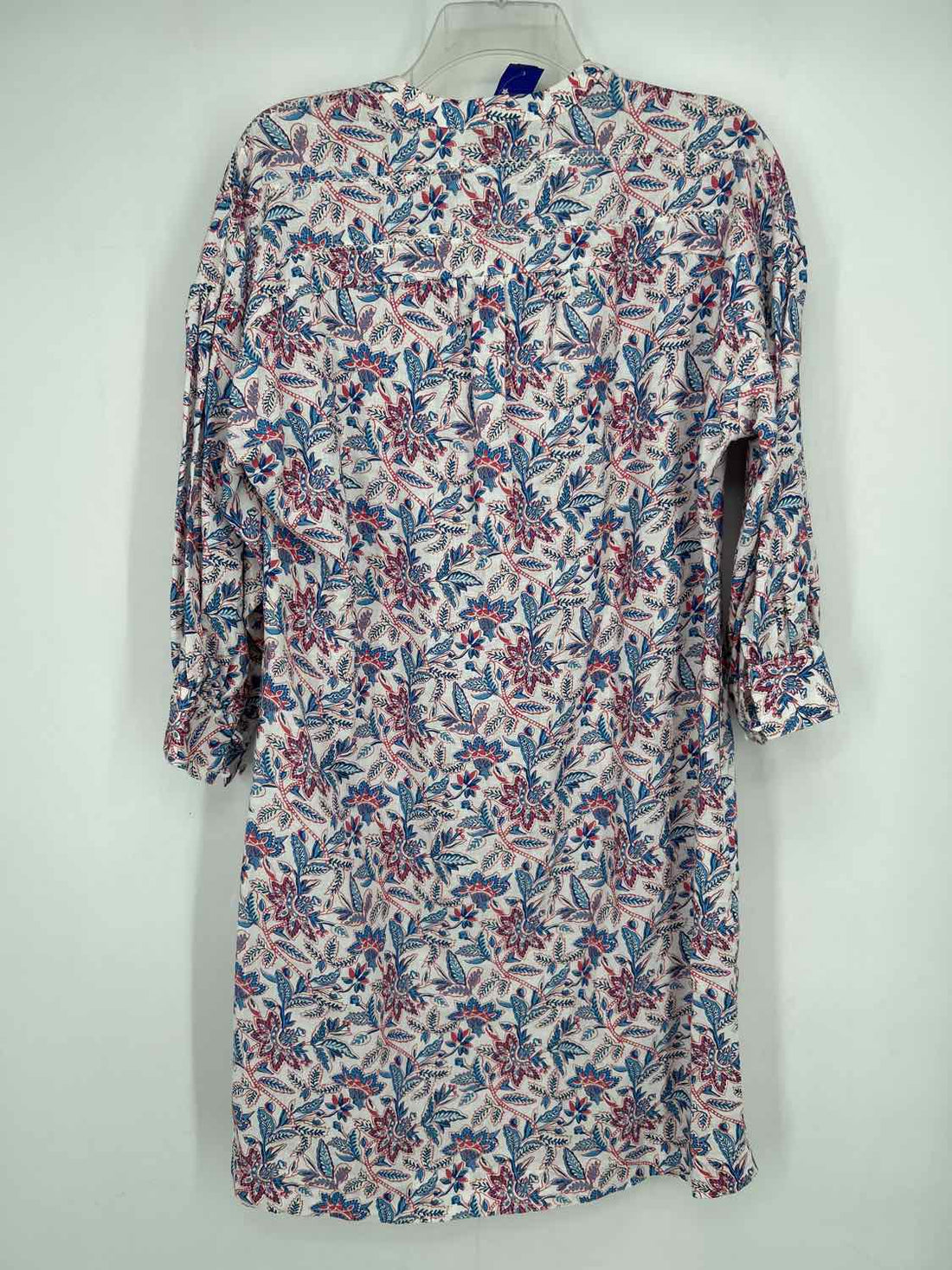 J McLaughlin Size M White Blue & Red Floral Linen 100% Long Sleeve Dress