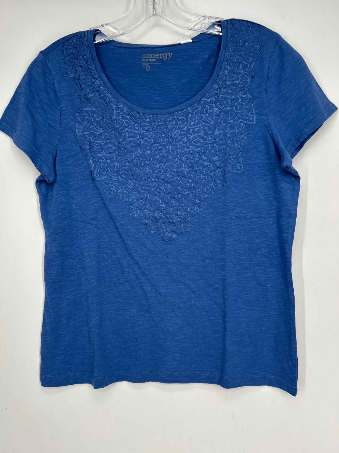 Chicos Size 0 (4) Blue Print Short Sleeve