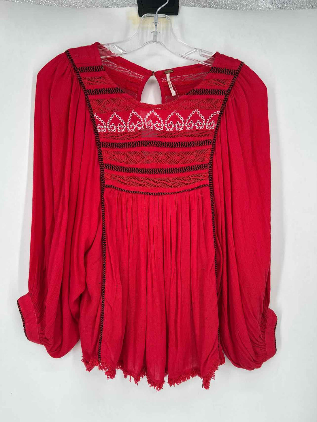 Free People Size S Red & Black Embroidered Long Sleeve