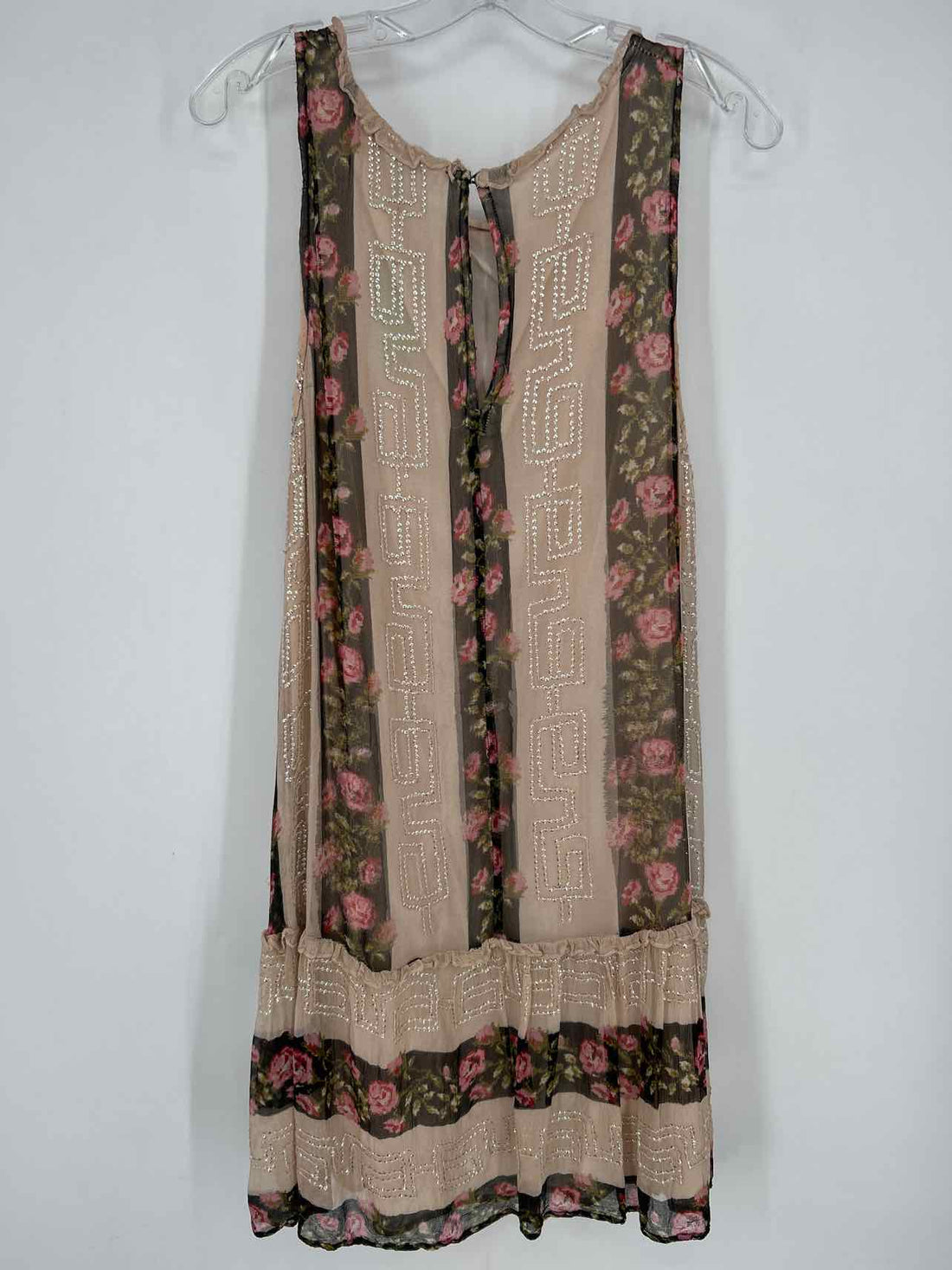 Free People Size L Beige & Black Floral Rayon Sleeveless Dress