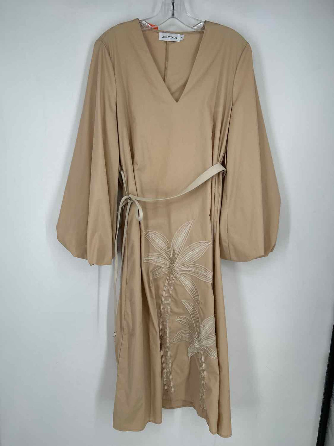 Luna Tuccini Size 6 Beige Embroidered Long Sleeve Dress