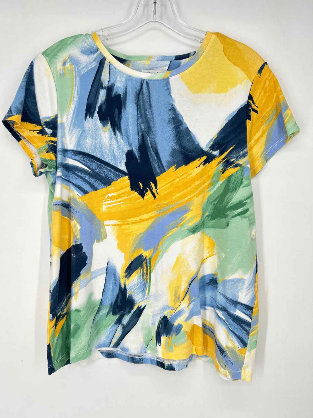 Chicos Size 2 (L) Yellow Green & Blue Short Sleeve