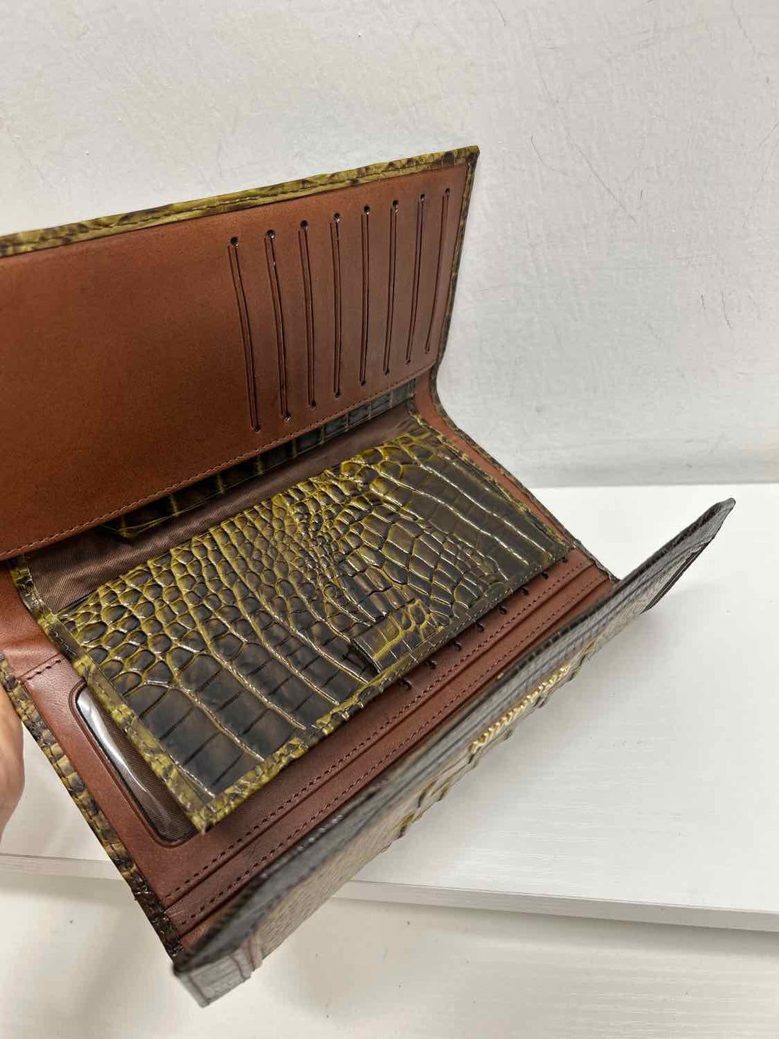 Brahmin Olive & Brown Croc Embossed Leather Pre Owned Wallet