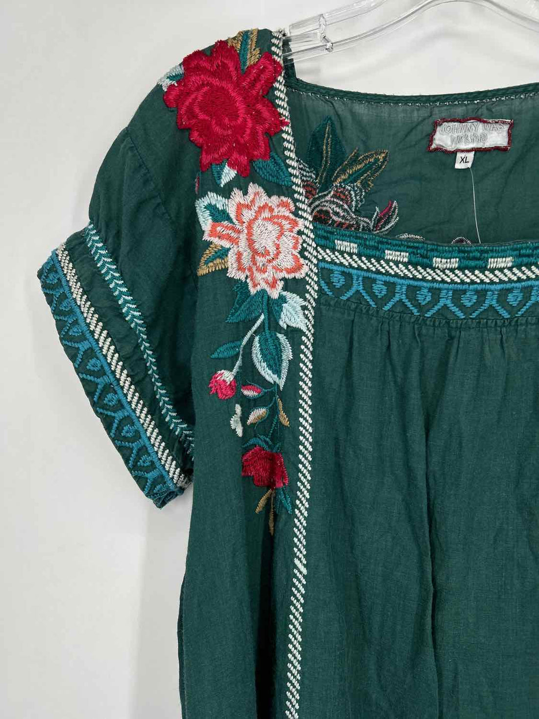 Johnny Was Size XL Green Embroidered Ramie Dress