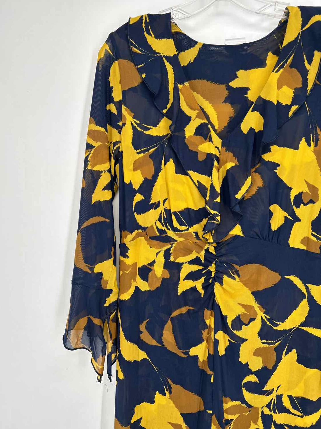 Cabi Size M Navy & Mustard Print Mesh Long Sleeve Dress