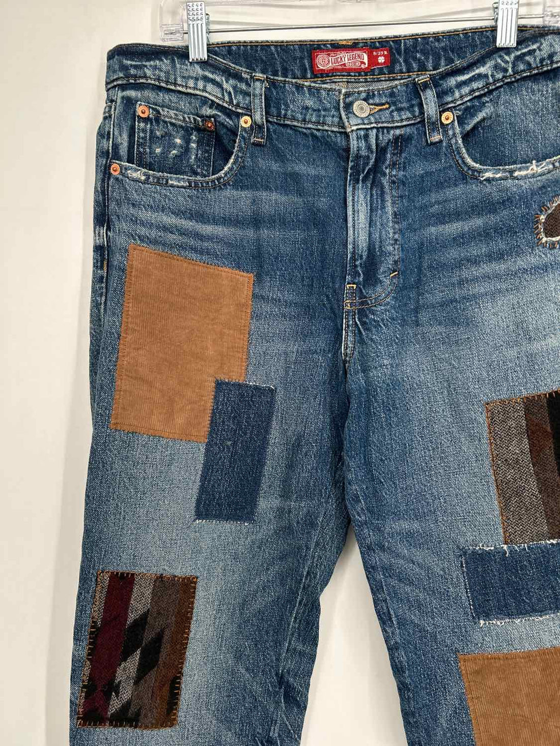 Lucky Brand Size 8 Denim Patchwork Boy Mid Rise Relaxed Straight Jeans