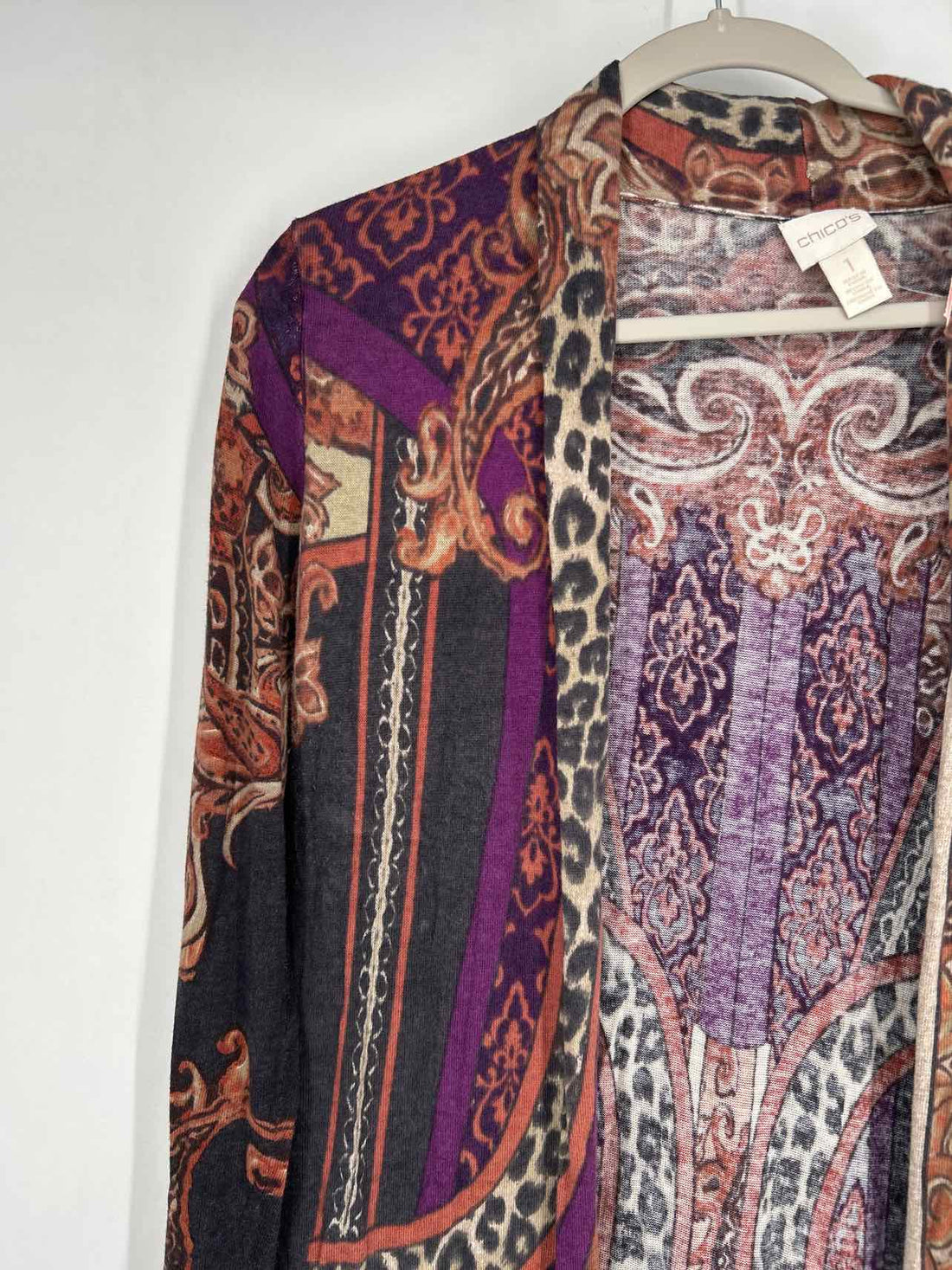 Chicos Size 1 (M) brown & purple print Long Sleeve Kimono