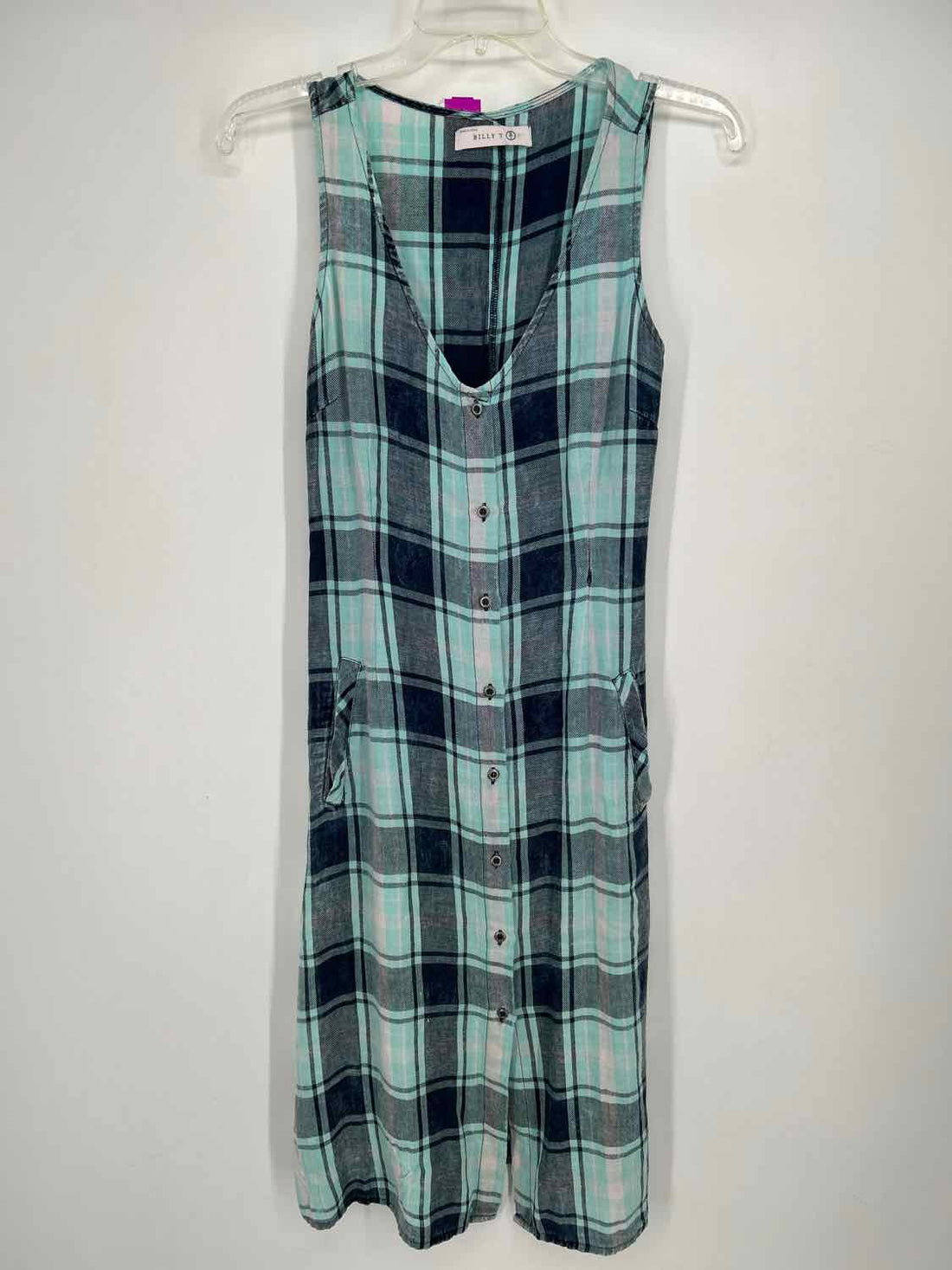Billy T Size M Navy & aqua plaid Sleeveless Dress