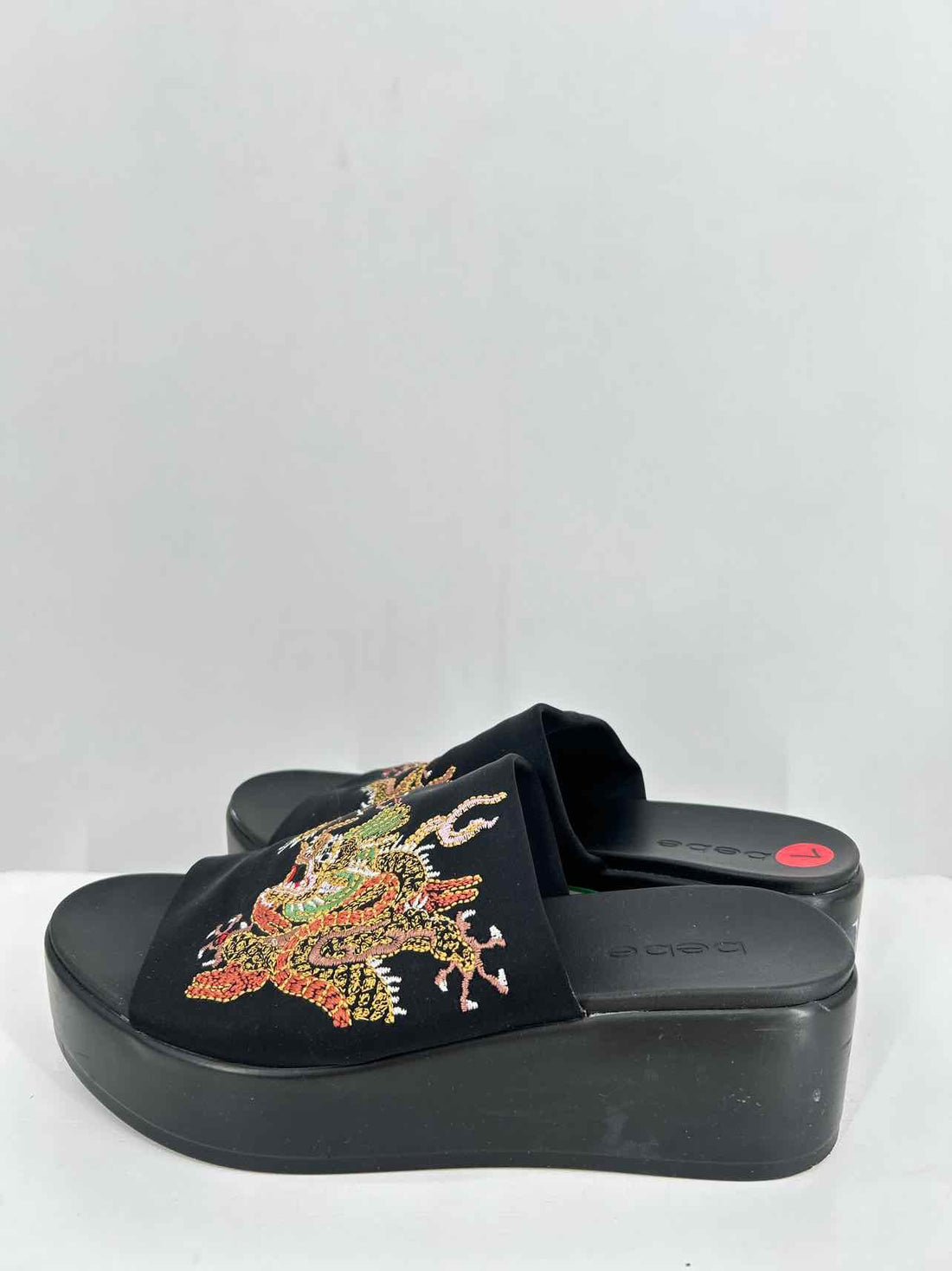 Bebe Women Size 7 Black Embroidered Platforms