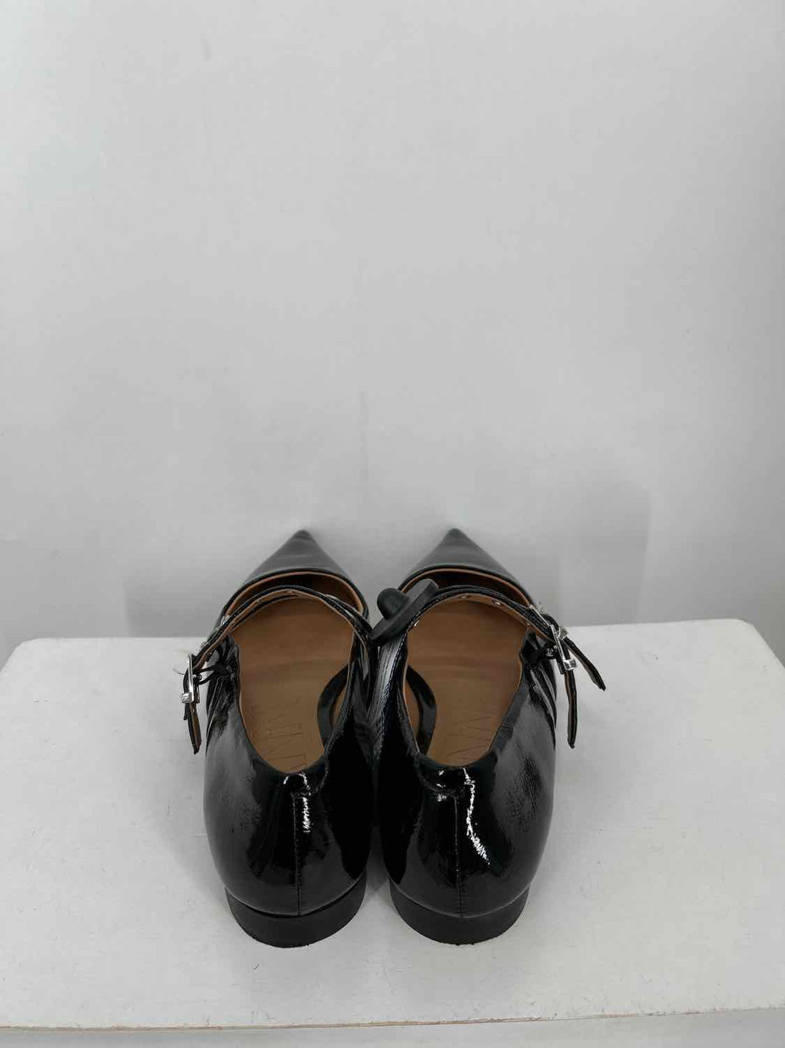 Ganni Women Size 39(8) Black Patent Leather Feminine Buckle Ballerina Flats
