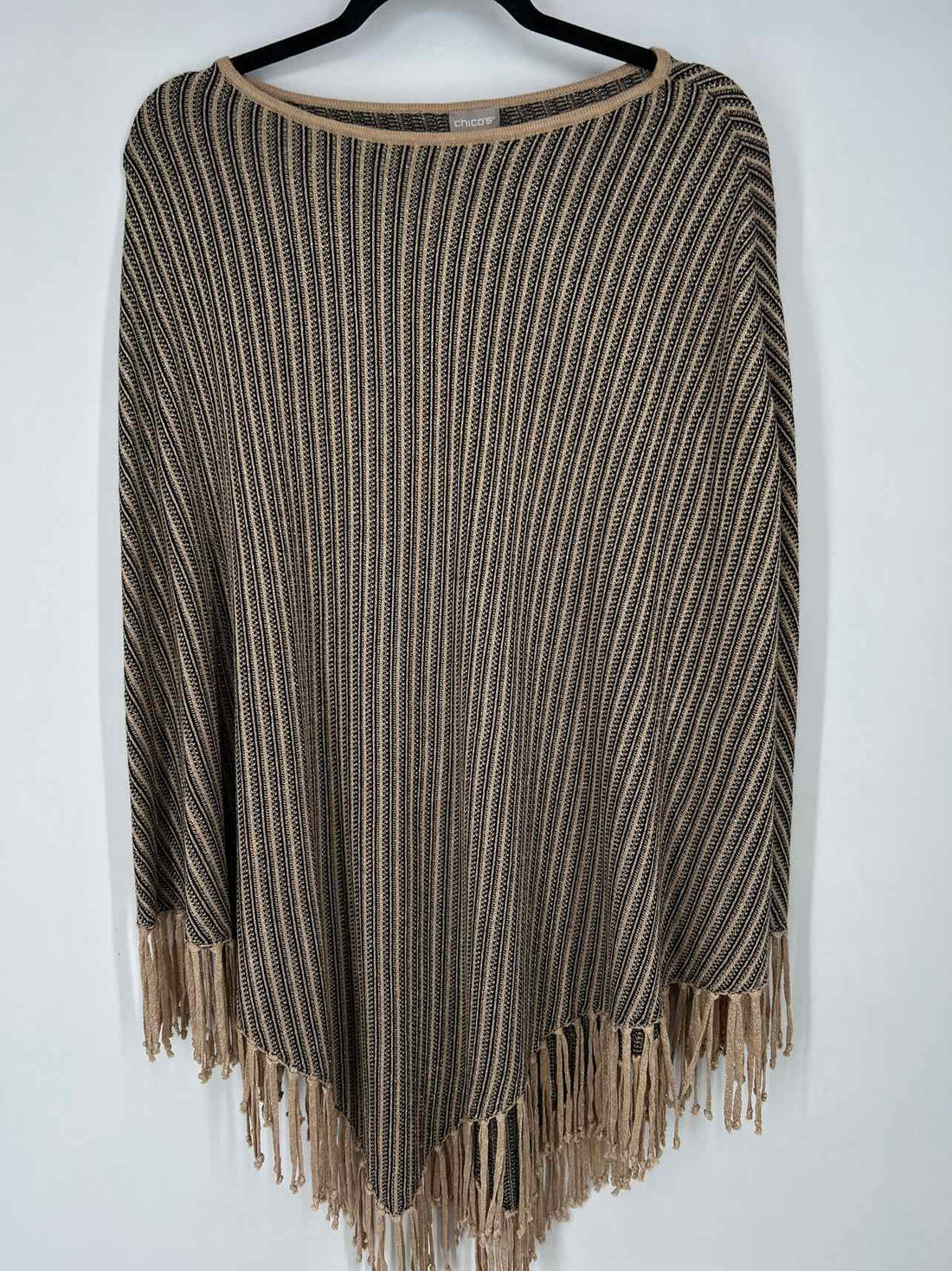 Chicos Size L/XL Black & Tan Striped Shimmer Poncho