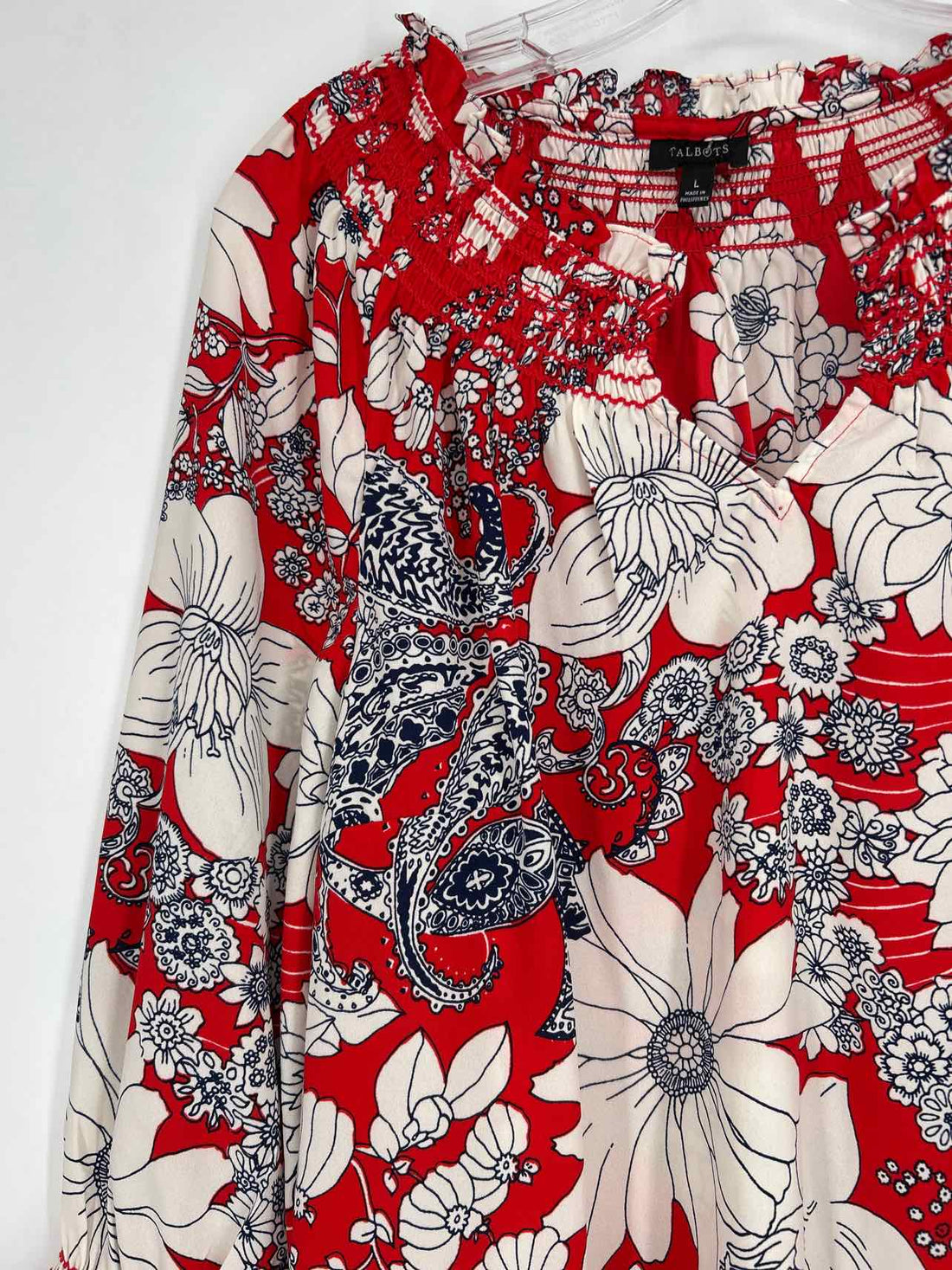 Talbots Size L Red White & Navy Floral Long Sleeve