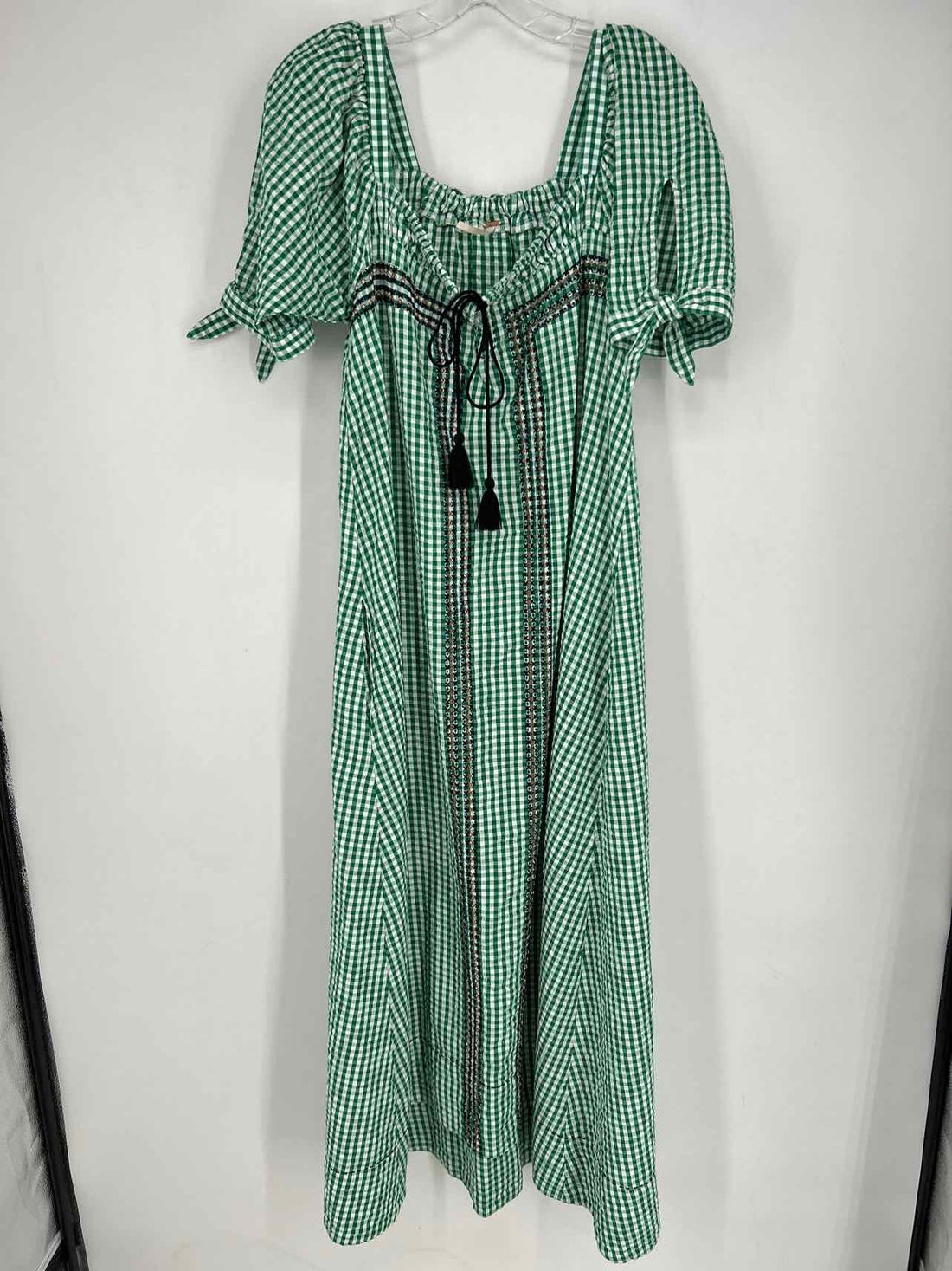 Free People Size S Green Gingham Embroidered Short Sleeve Maxi
