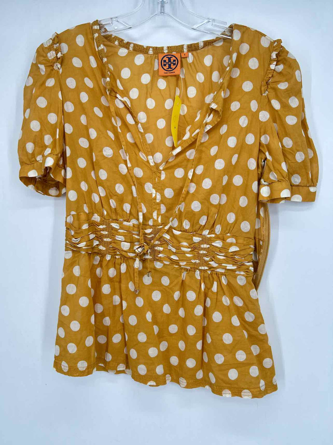 Tory Burch Size 8 Mustard Polkadot Short Sleeve