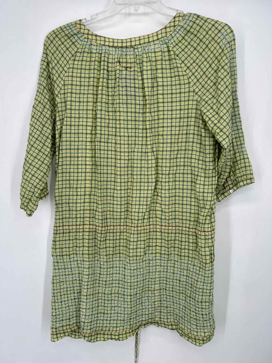 Johnny Was Size S Light Green & Navy Plaid Cotton Blend Long Sleeve Dress