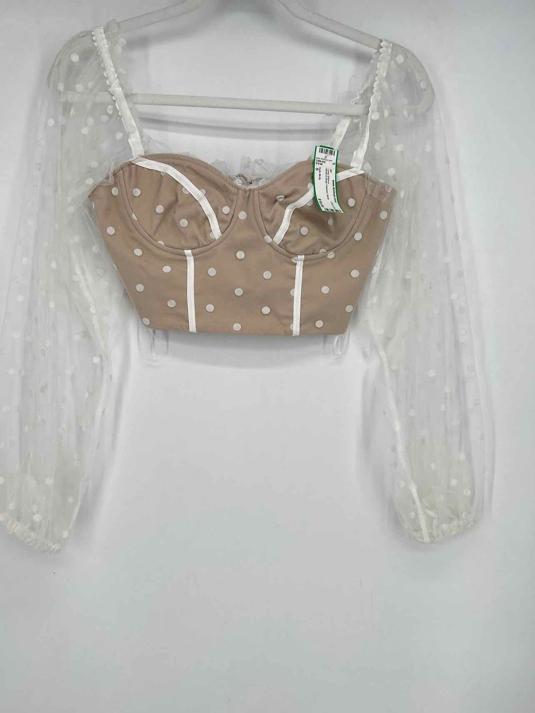 Hello Molly Size S White & Khaki Polkadot Mesh Long Sleeve