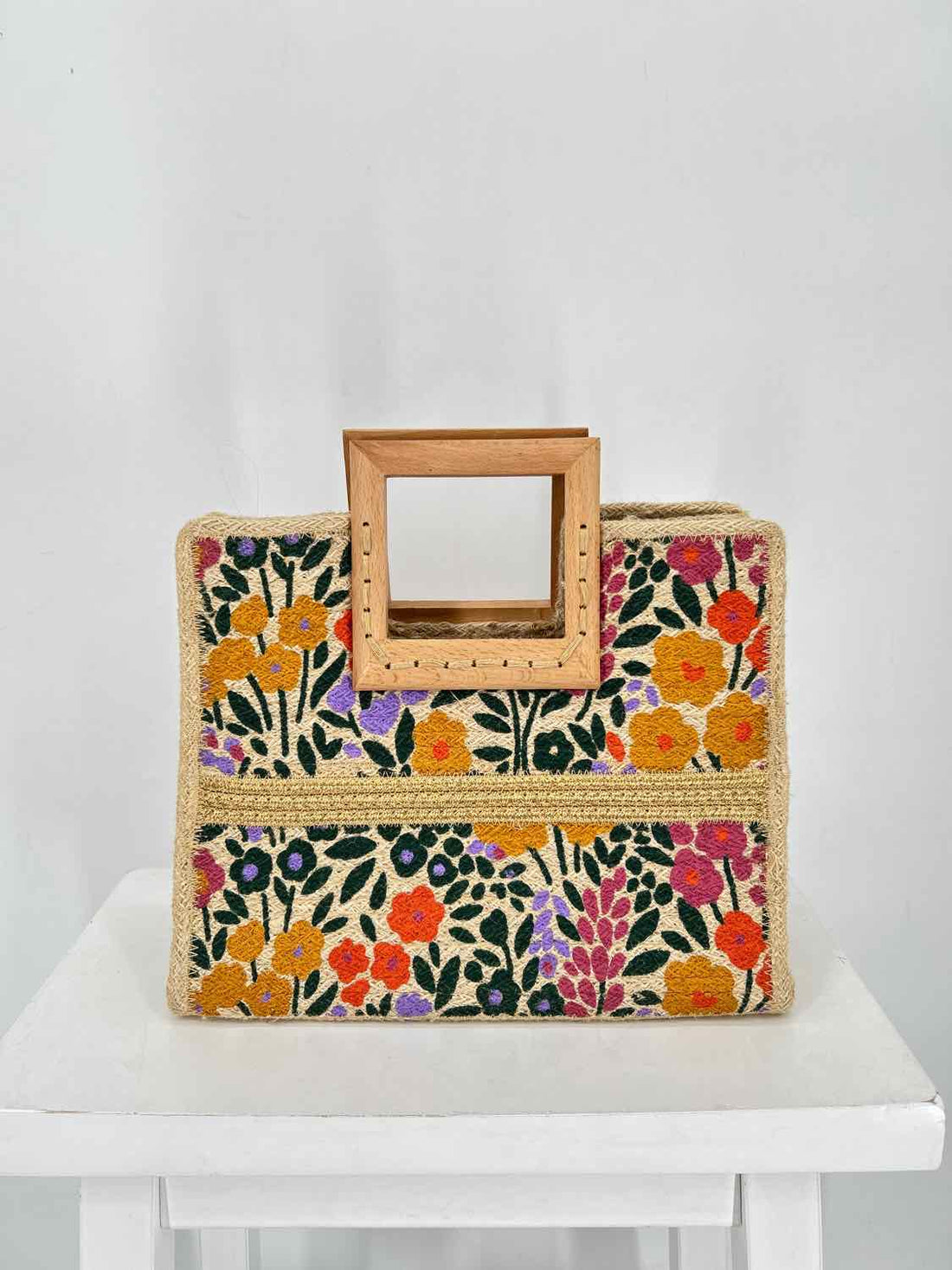 Antik Kraft Cream Floral Jute Blend Pre Owned Purse