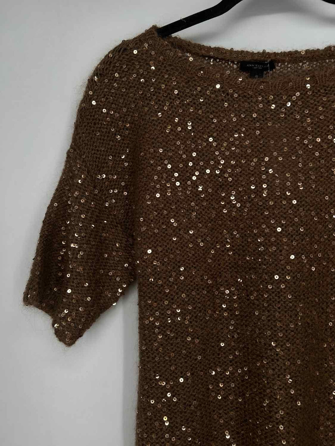 Ann Taylor S Tan Sequins Mohair Blend Short Sleeve Holiday