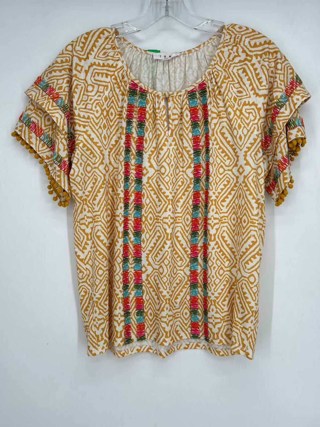 THML Size S White & Mustard Embroidered Short Sleeve