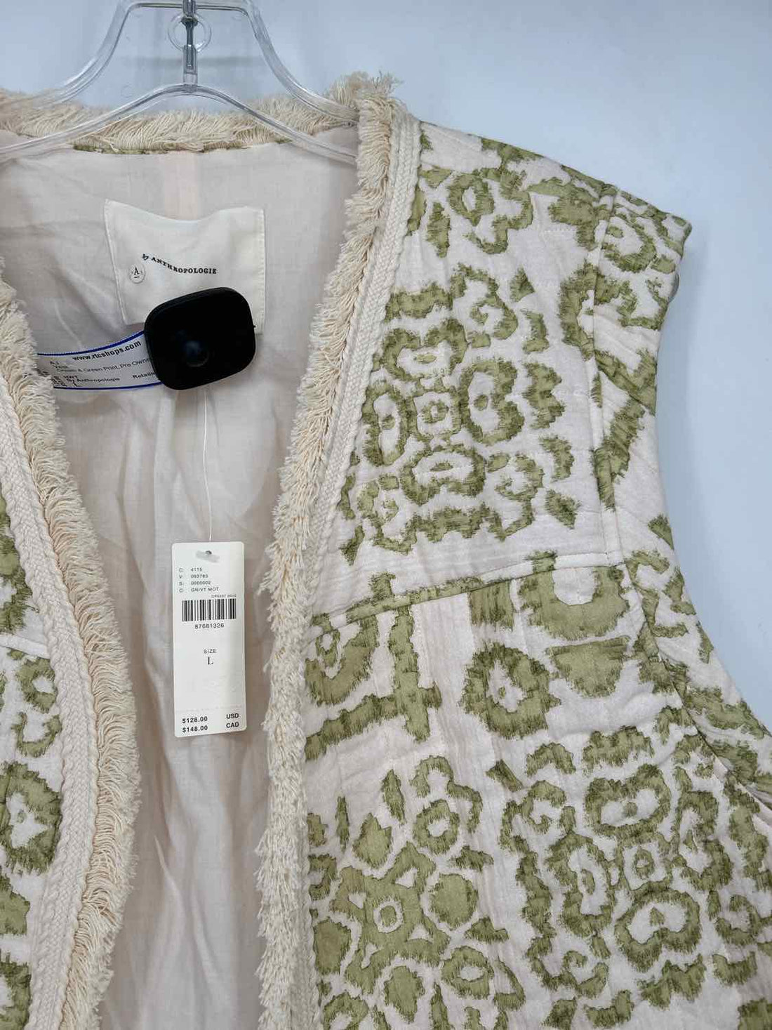 By Anthropologie Size L Cream & Green Print Vest