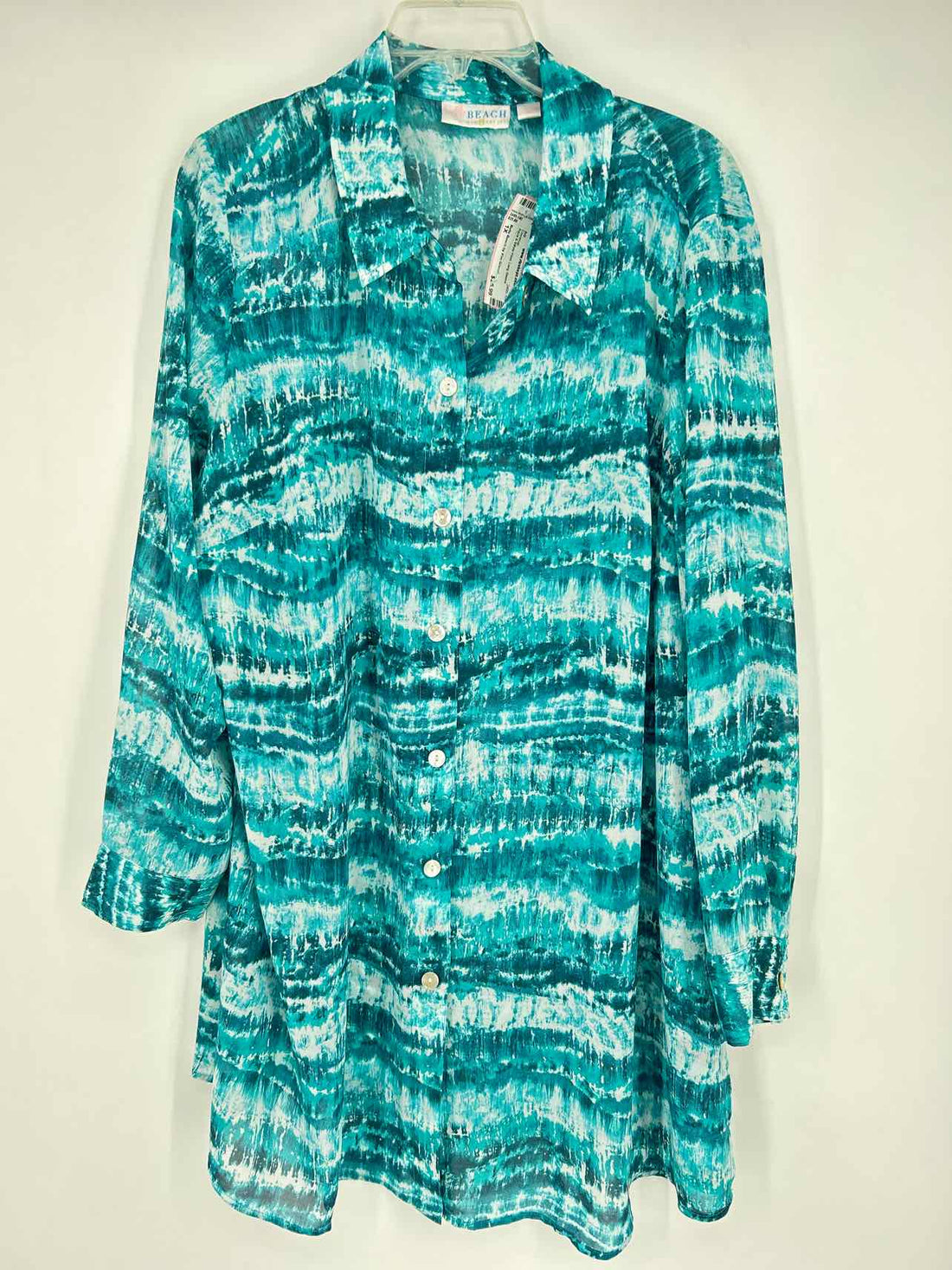 Belle Beach by Kim Gravel Size 1X Aqua & White Print Long Sleeve Coverup
