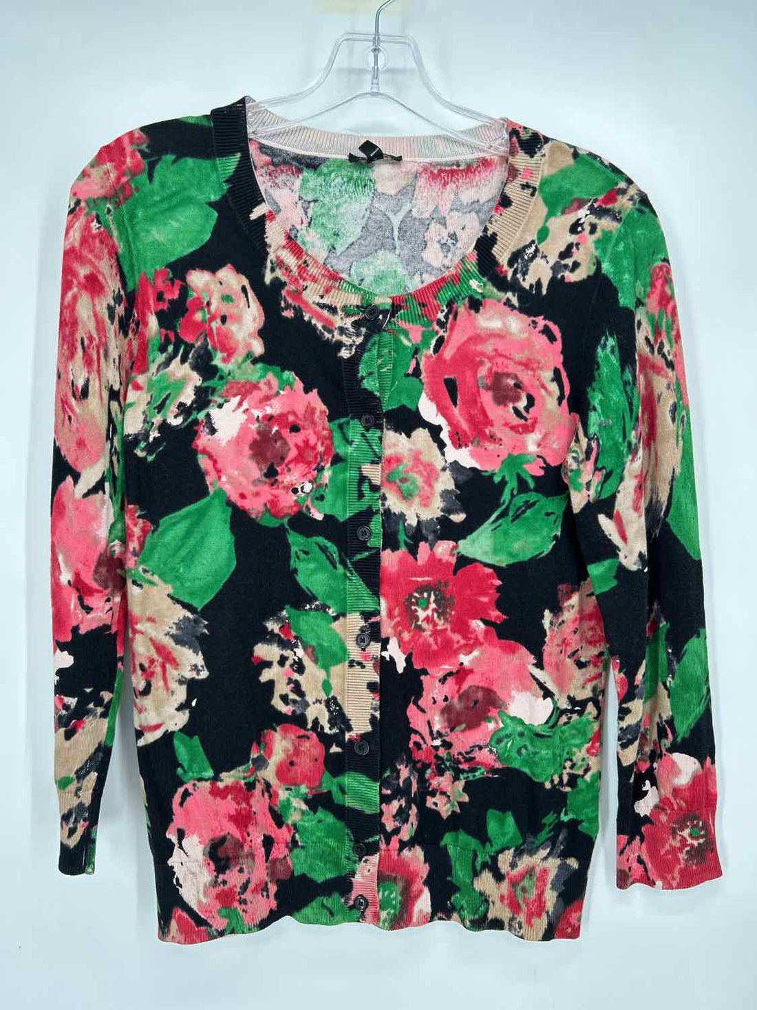 Talbots Size S Black Green & Beige Print Cardigan