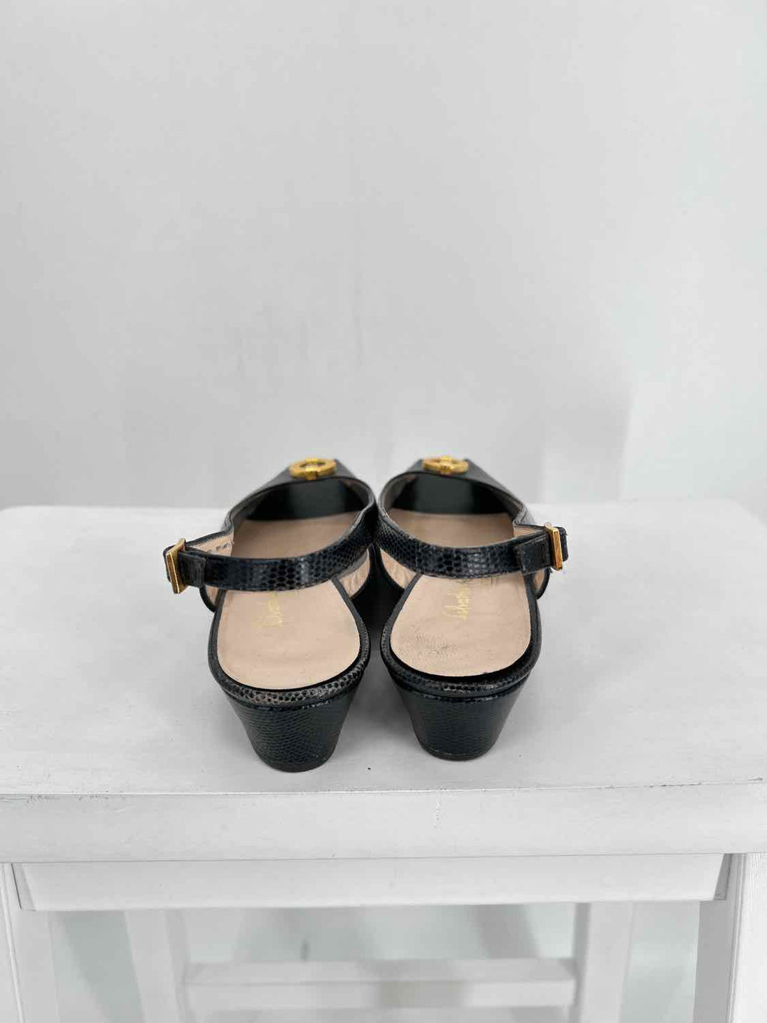 Salvatore Ferragamo Women Size 8.5 Black Textured Sling Back Peep Toe Flats