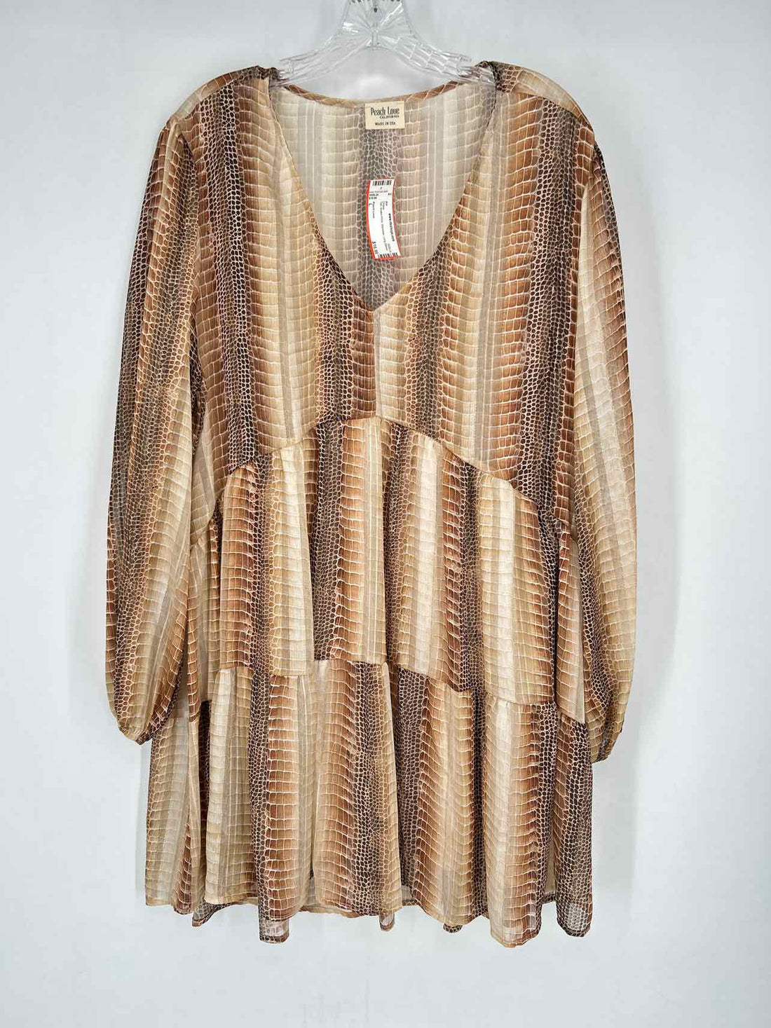 Peach Love Size L Tan Snake Print Shimmer Long Sleeve Dress
