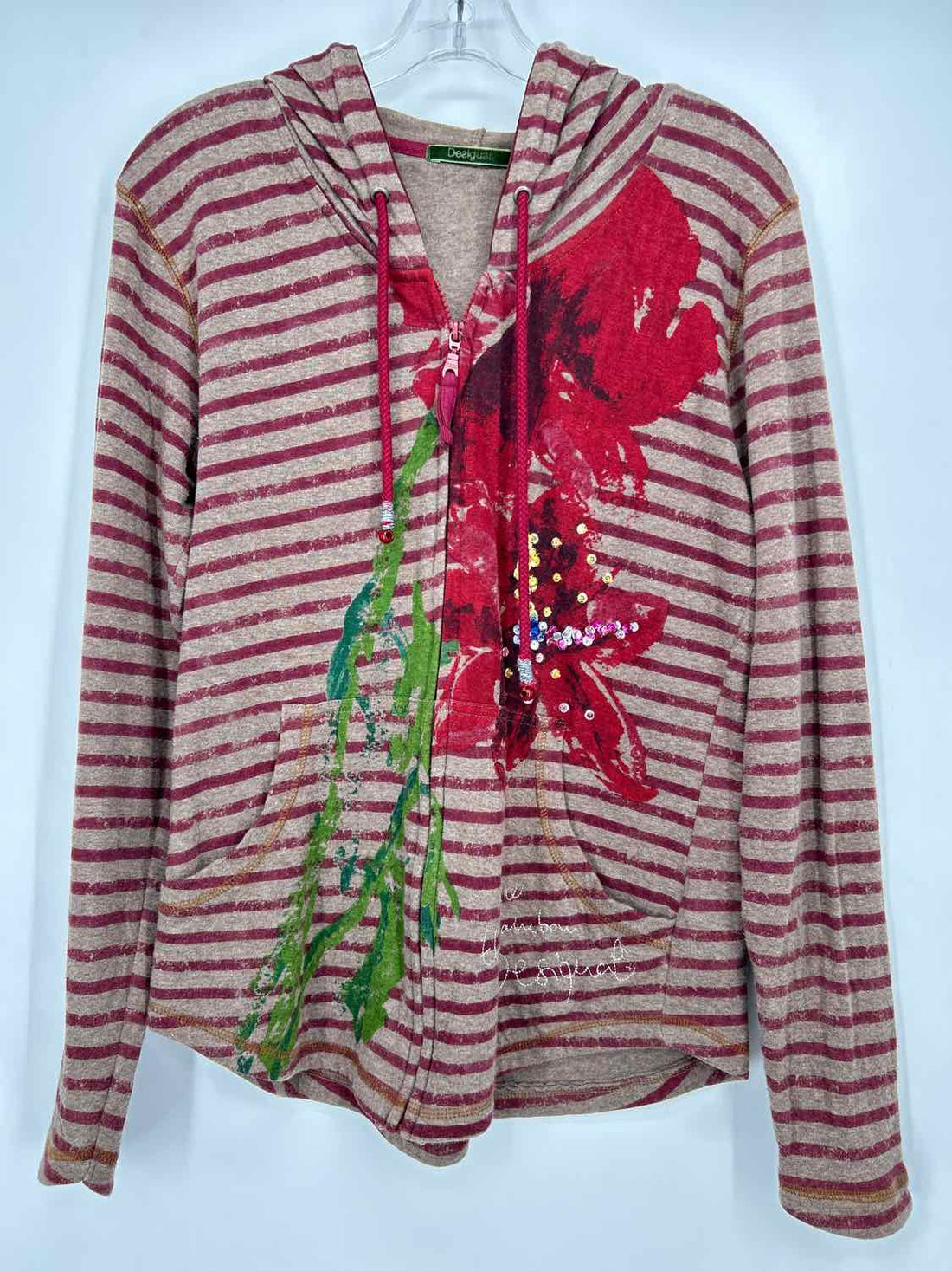 Desigual Size XL Taupe & Maroon Striped Hoodie