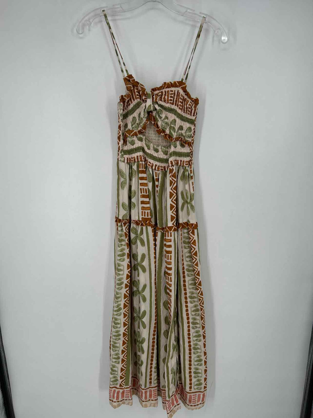 Dress Forum Size S White Green & Brown Smocked Sleeveless Dress