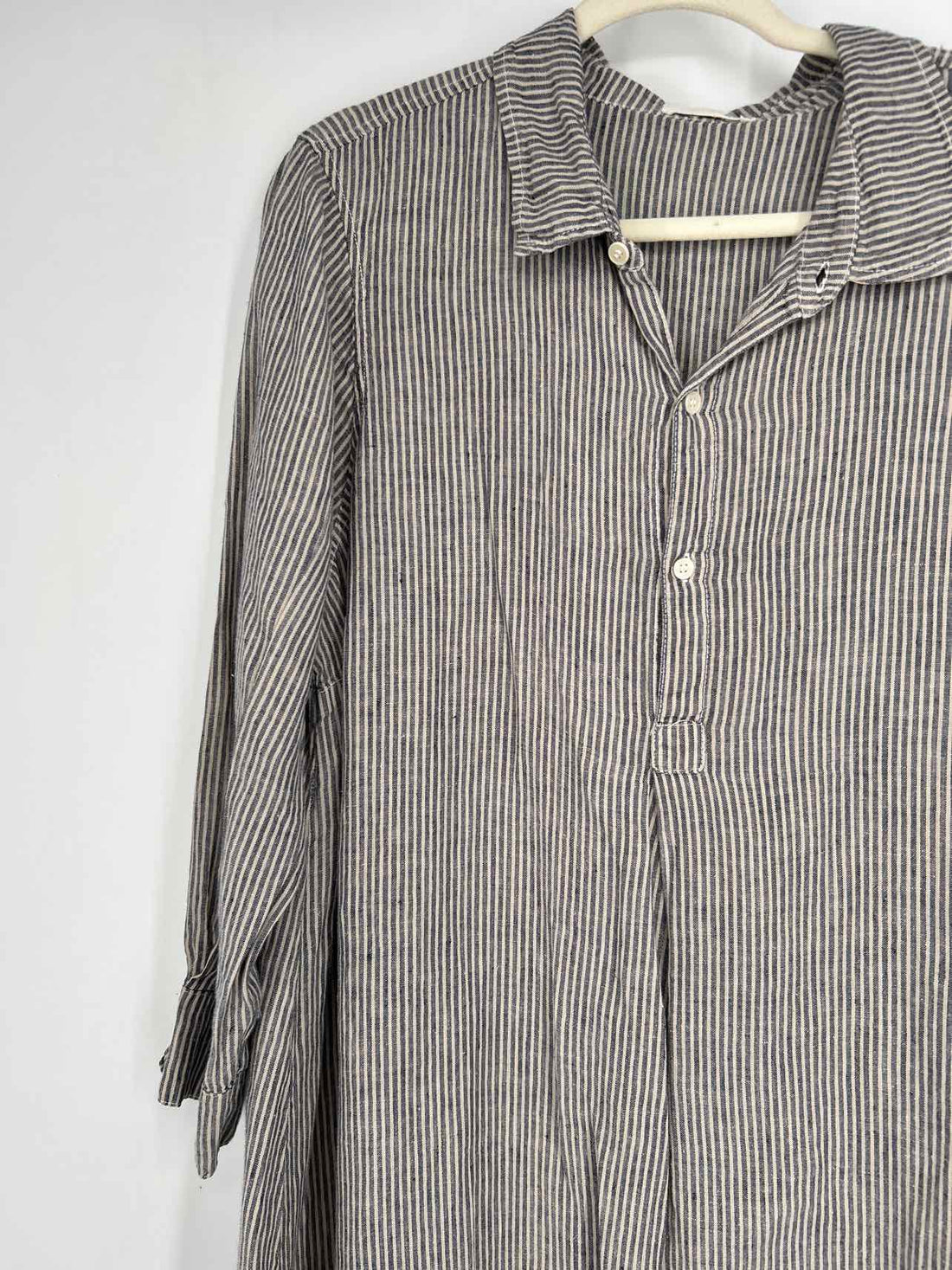 CP Shades Size L Navy Striped Linen Long Sleeve Dress